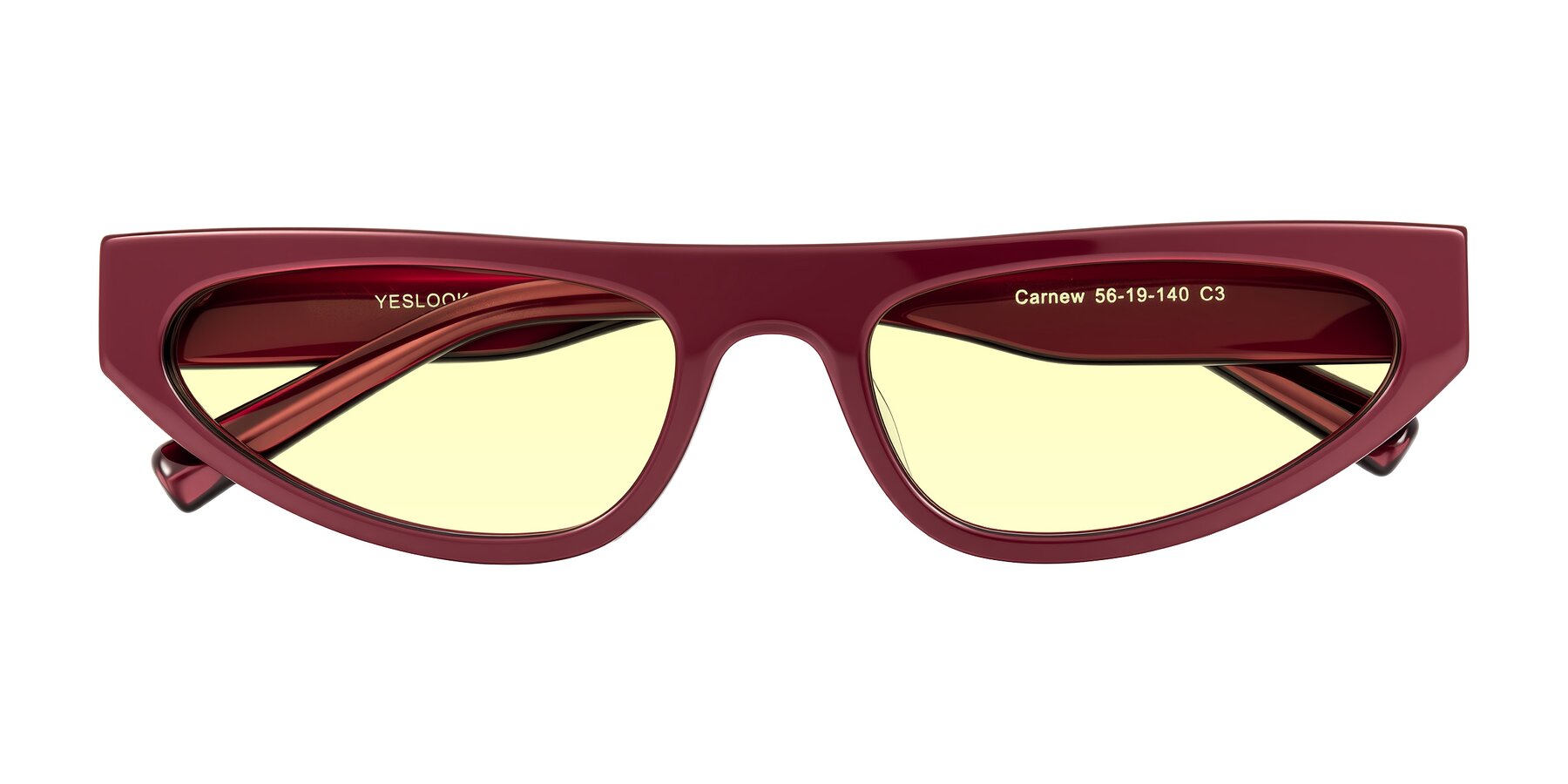 Folded Front of Carnew in Pearlescent Burgundy with Light Yellow Tinted Lenses