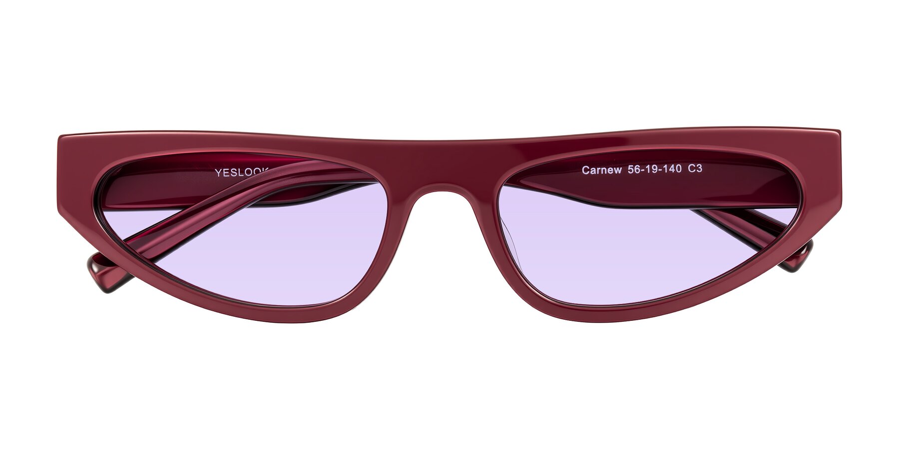 Folded Front of Carnew in Pearlescent Burgundy with Light Purple Tinted Lenses
