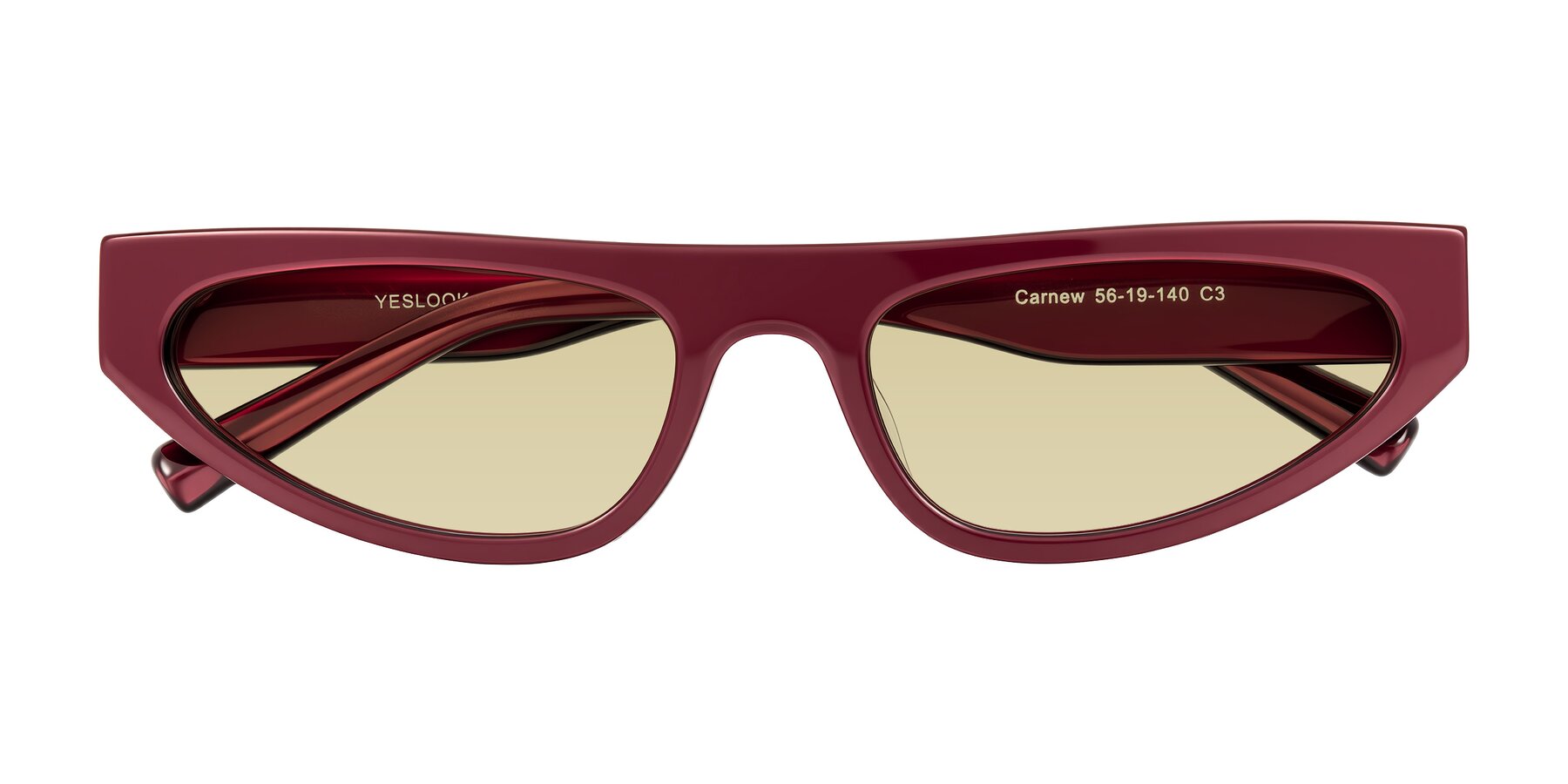 Folded Front of Carnew in Pearlescent Burgundy with Light Champagne Tinted Lenses