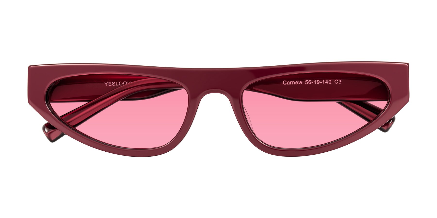 Folded Front of Carnew in Pearlescent Burgundy with Pink Tinted Lenses