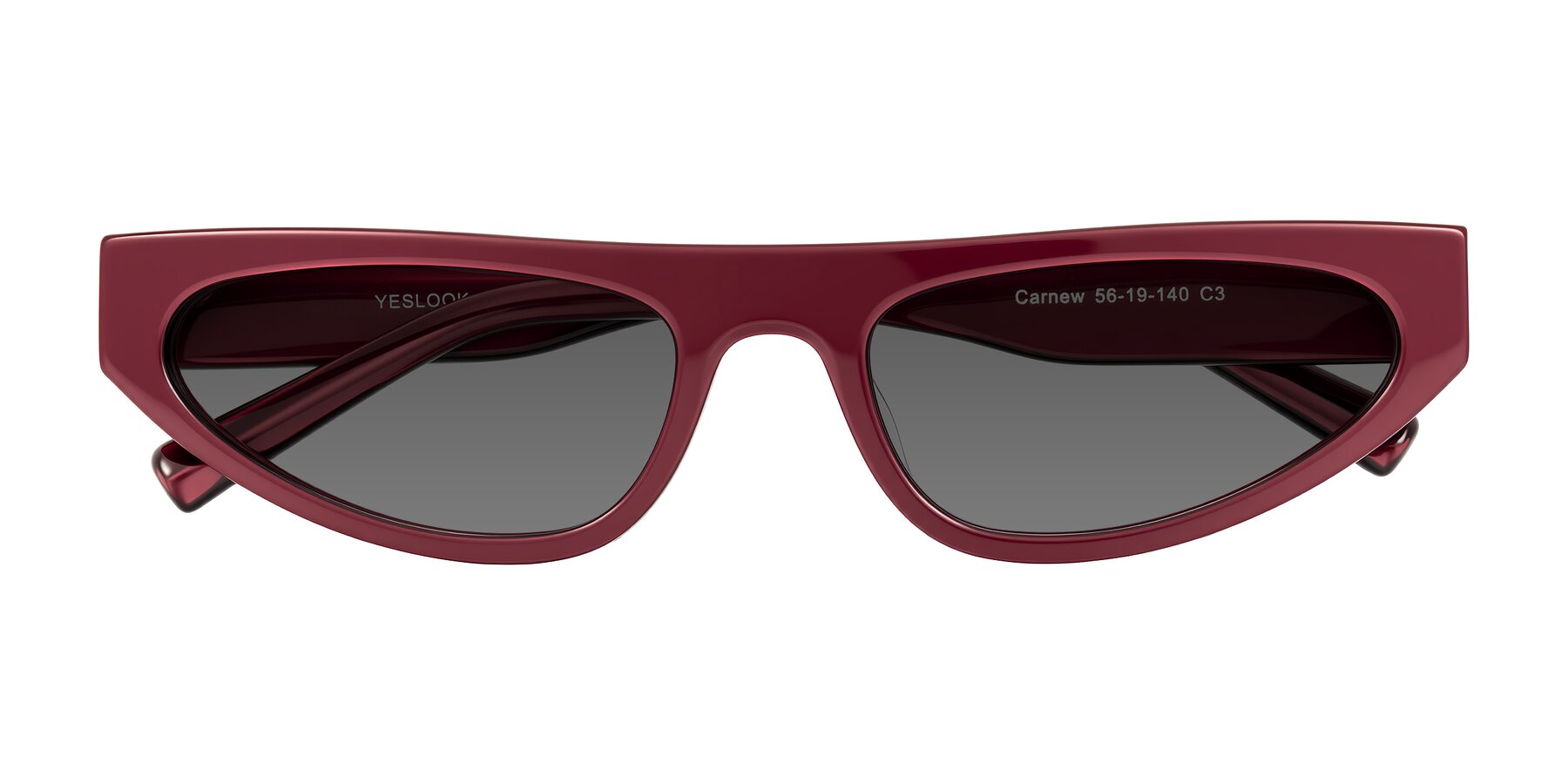 Folded Front of Carnew in Pearlescent Burgundy with Medium Gray Tinted Lenses
