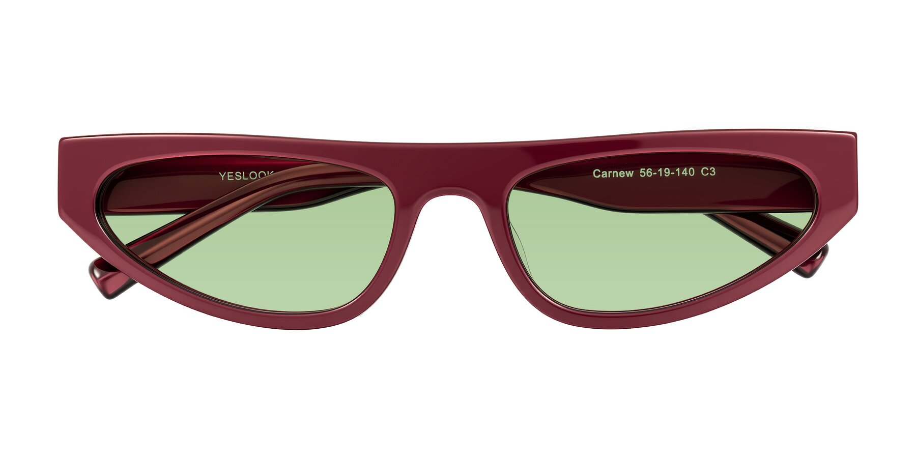 Folded Front of Carnew in Pearlescent Burgundy with Medium Green Tinted Lenses