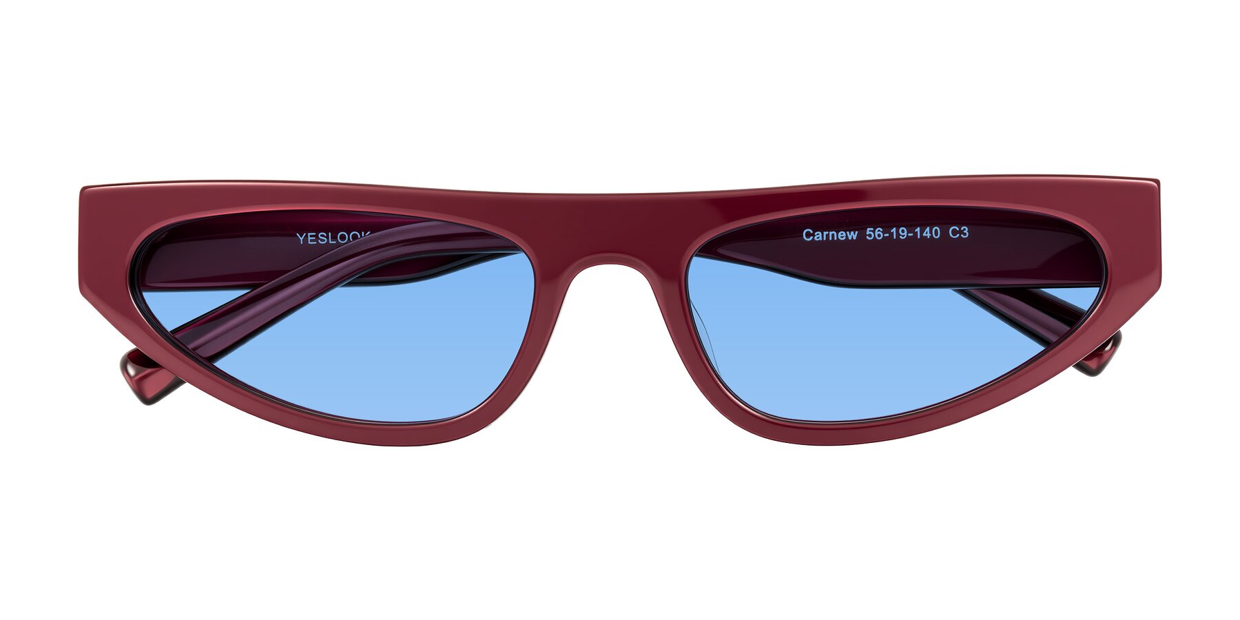Folded Front of Carnew in Pearlescent Burgundy with Medium Blue Tinted Lenses