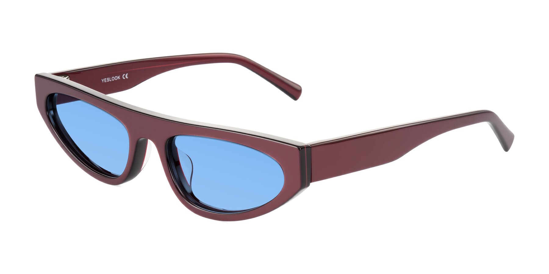 Angle of Carnew in Pearlescent Burgundy with Medium Blue Tinted Lenses