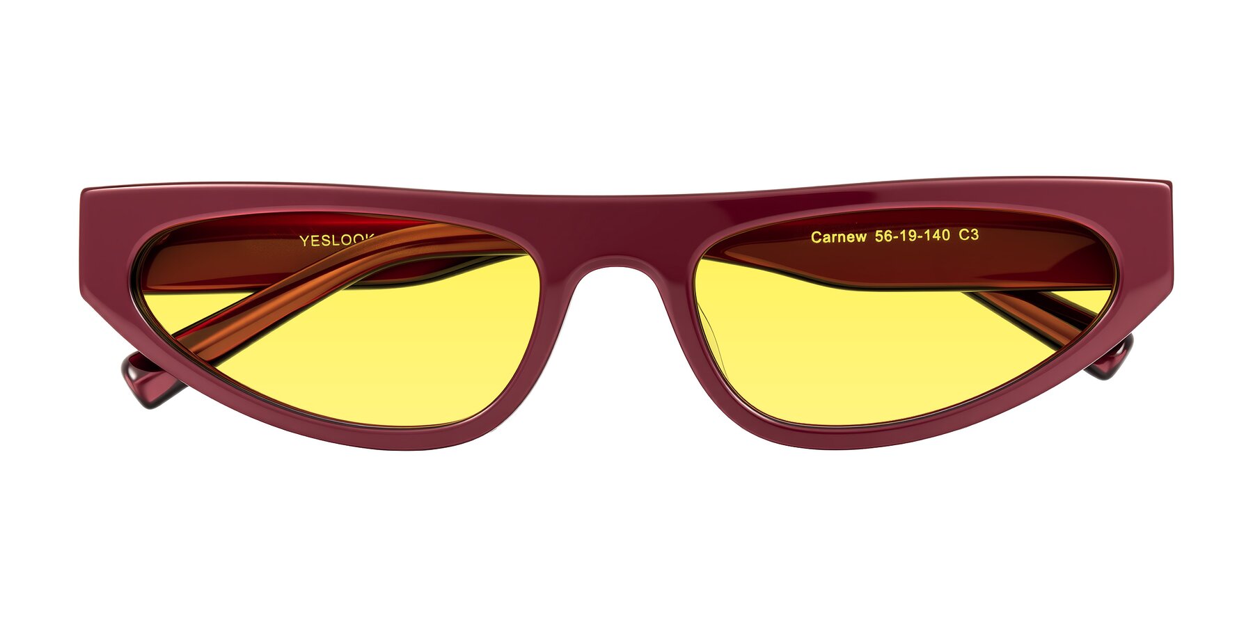 Folded Front of Carnew in Pearlescent Burgundy with Medium Yellow Tinted Lenses