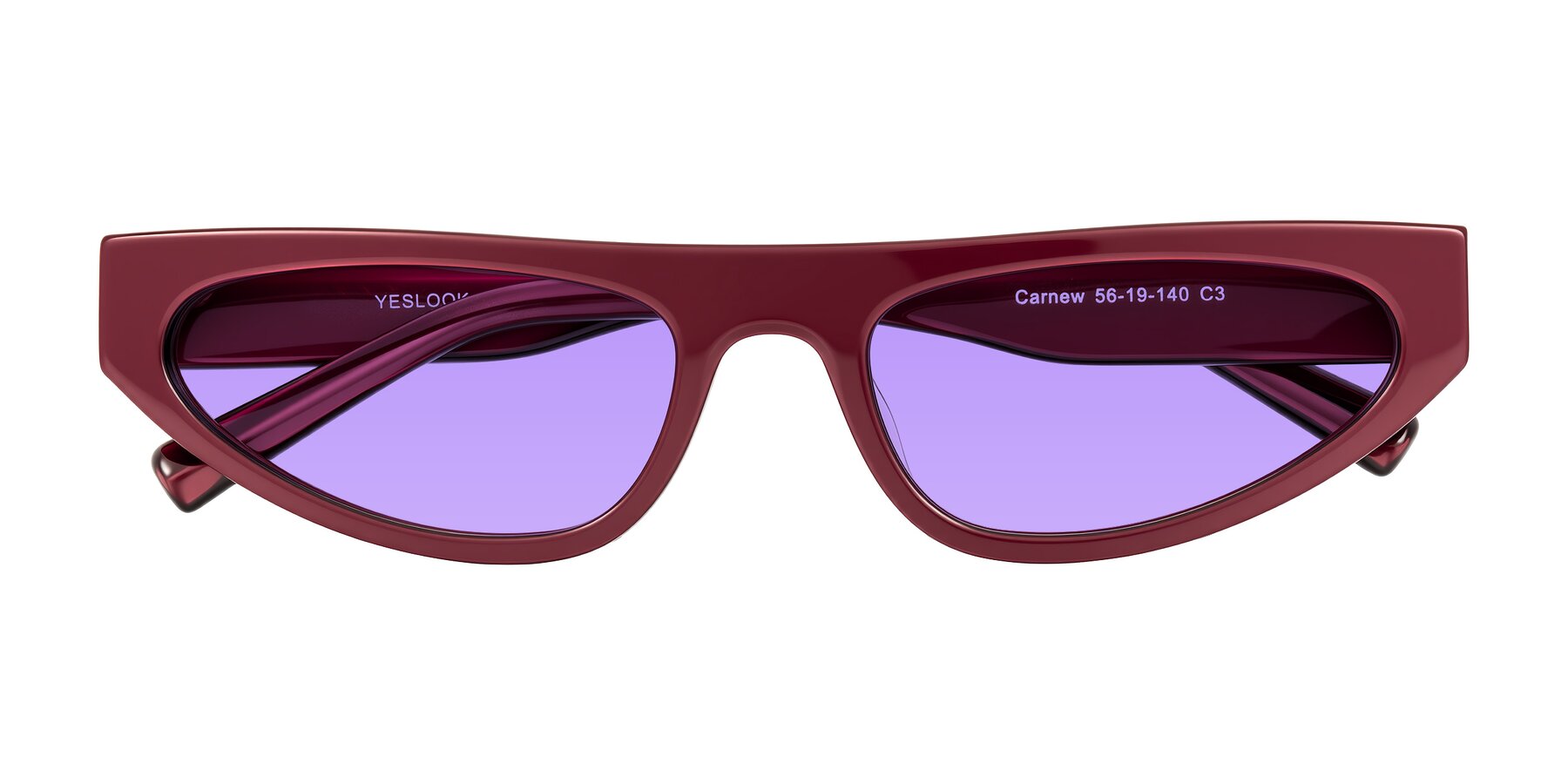 Folded Front of Carnew in Pearlescent Burgundy with Medium Purple Tinted Lenses