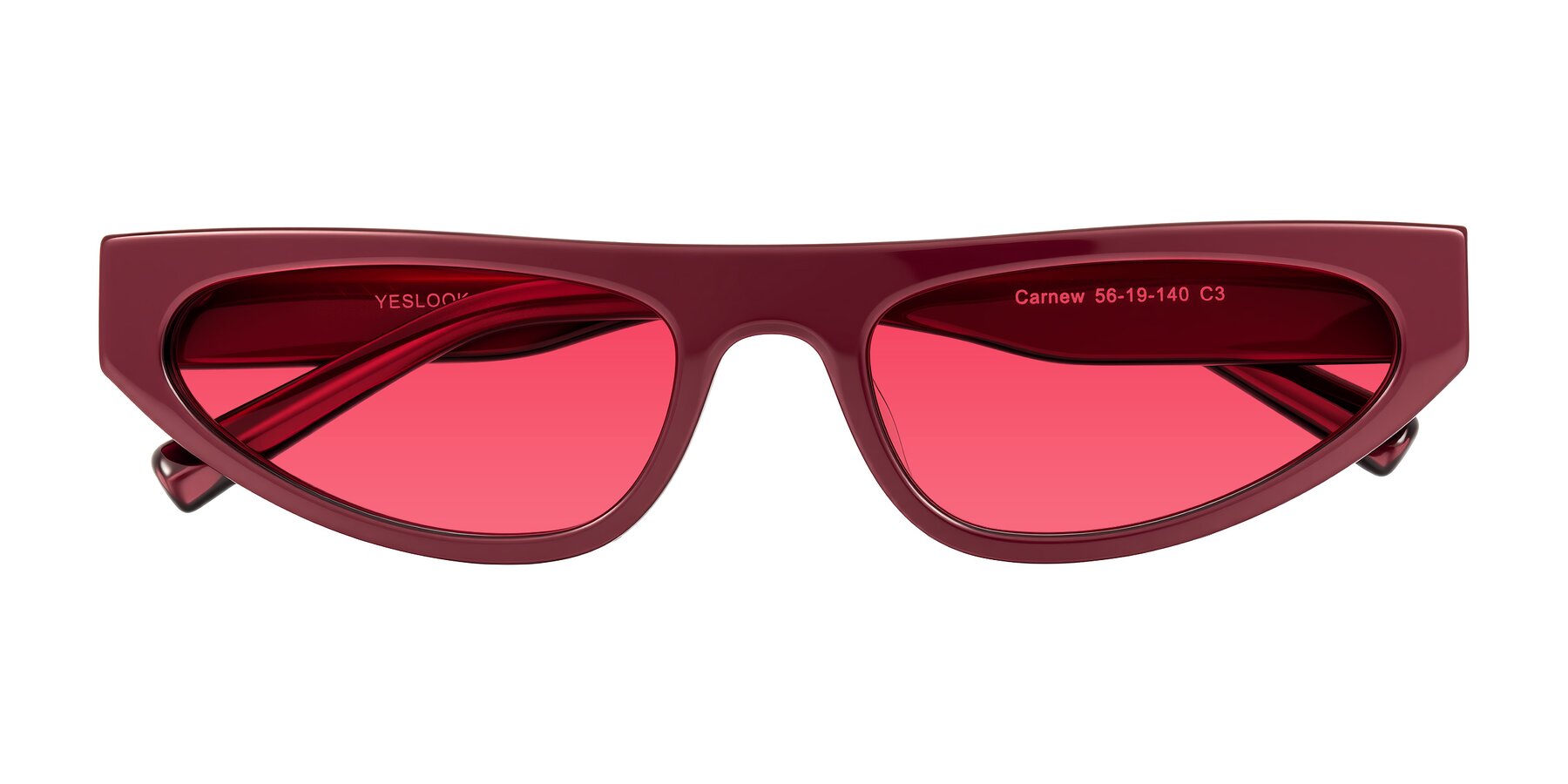 Folded Front of Carnew in Pearlescent Burgundy with Red Tinted Lenses