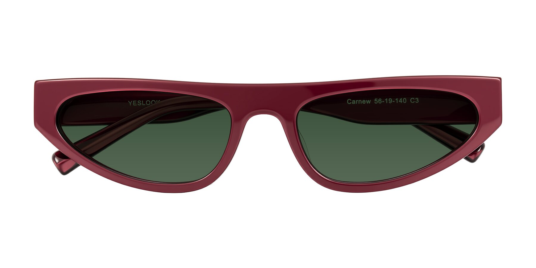 Folded Front of Carnew in Pearlescent Burgundy with Green Tinted Lenses
