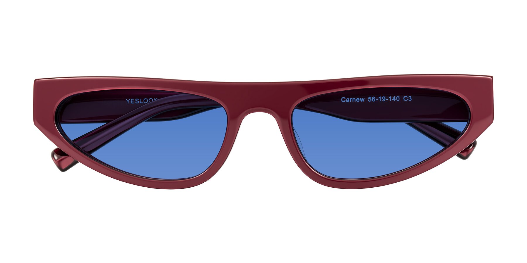 Folded Front of Carnew in Pearlescent Burgundy with Blue Tinted Lenses