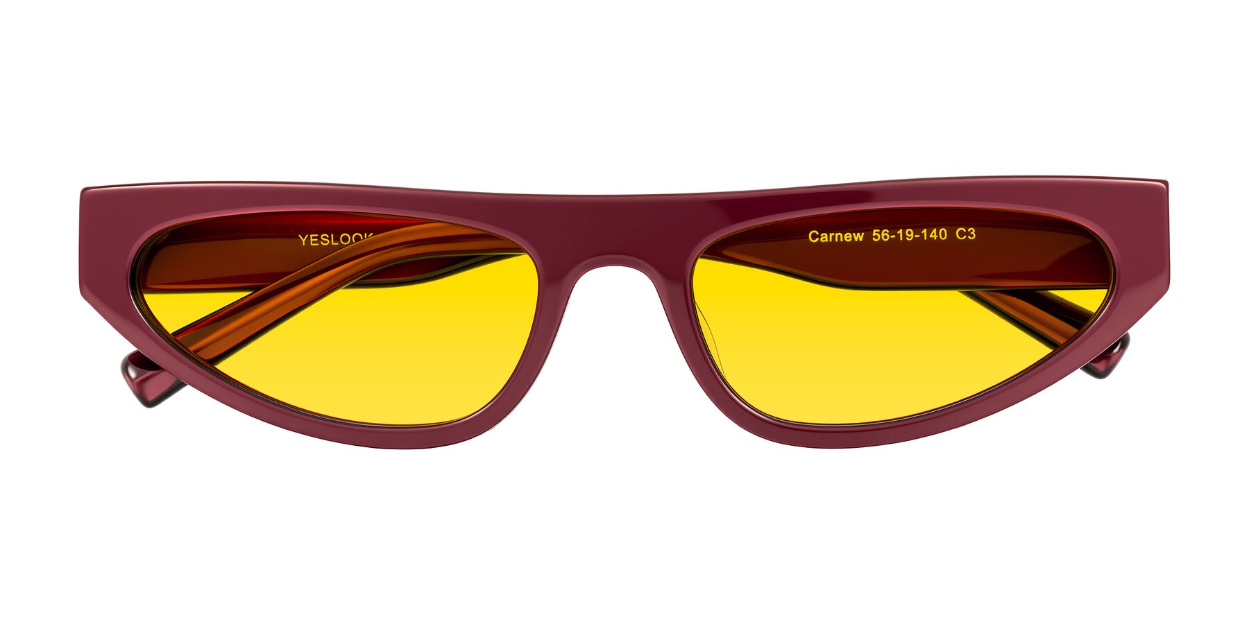 Folded Front of Carnew in Pearlescent Burgundy with Yellow Tinted Lenses