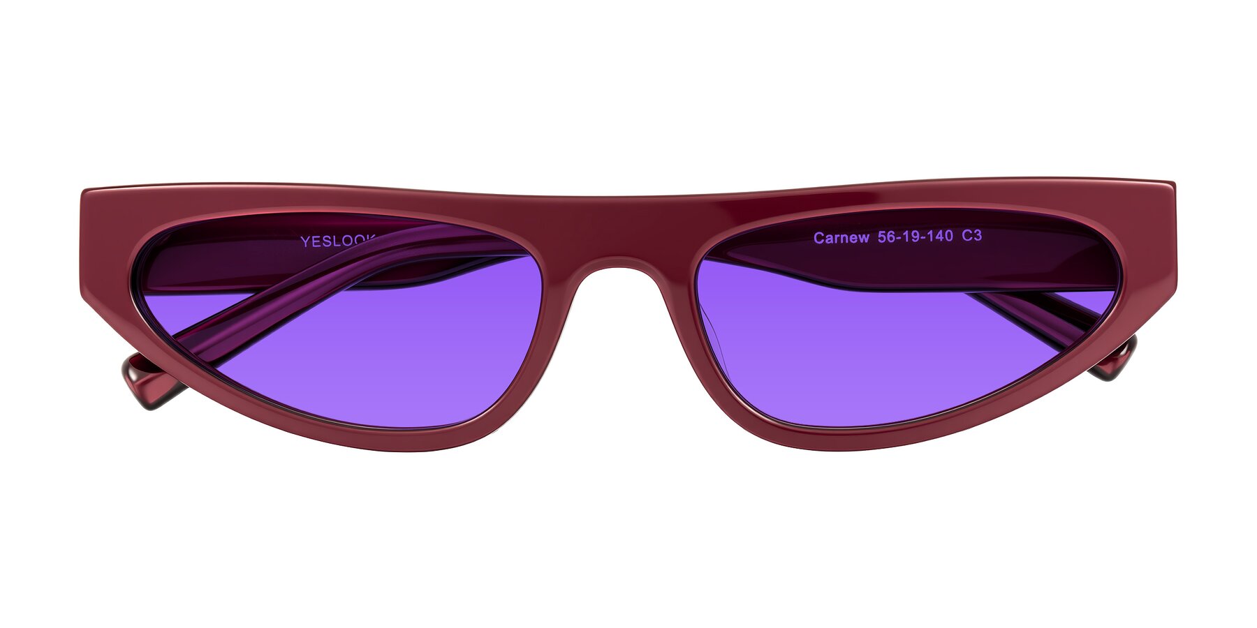 Folded Front of Carnew in Pearlescent Burgundy with Purple Tinted Lenses