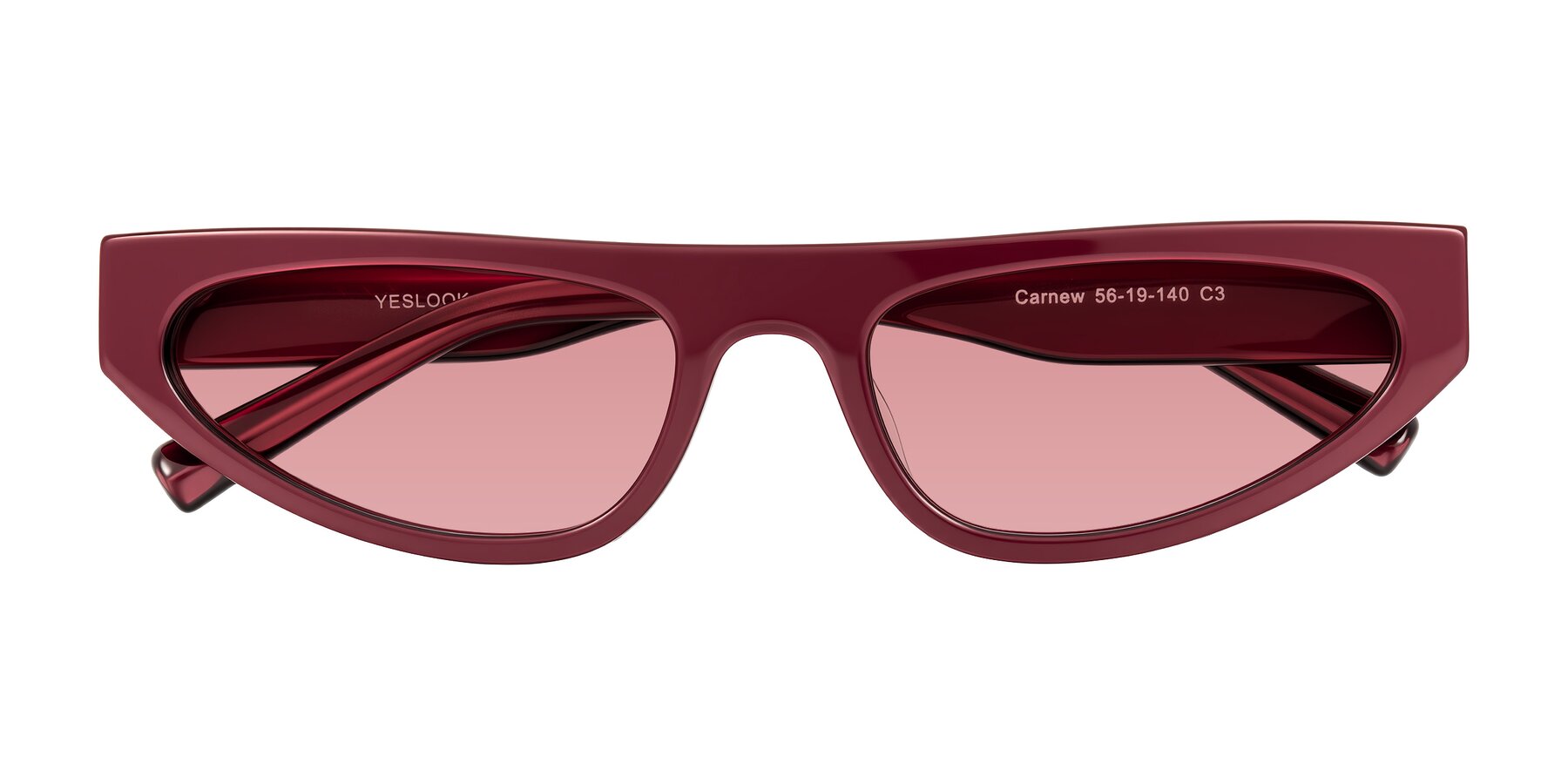 Folded Front of Carnew in Pearlescent Burgundy with Medium Garnet Tinted Lenses