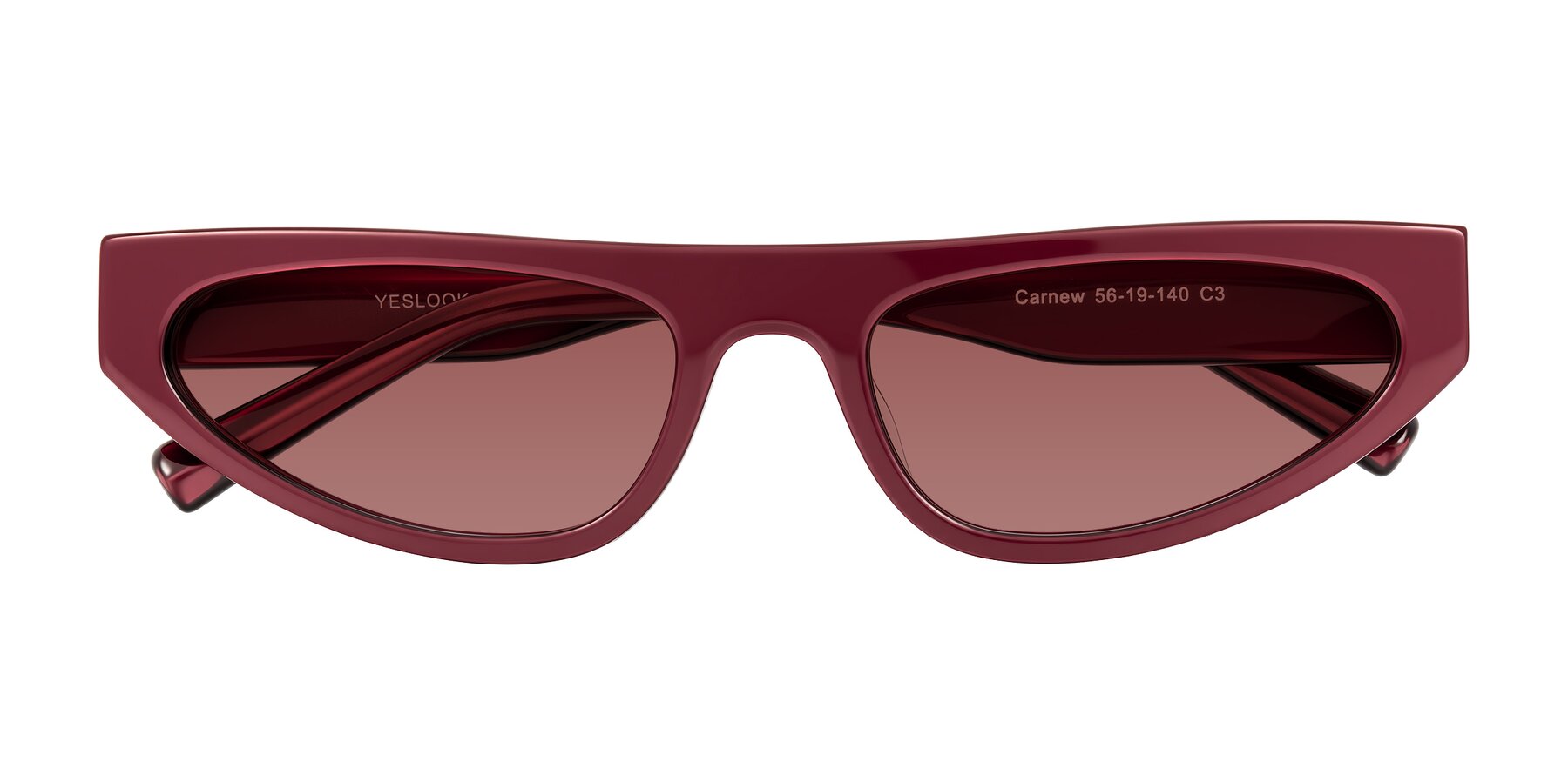Folded Front of Carnew in Pearlescent Burgundy with Garnet Tinted Lenses