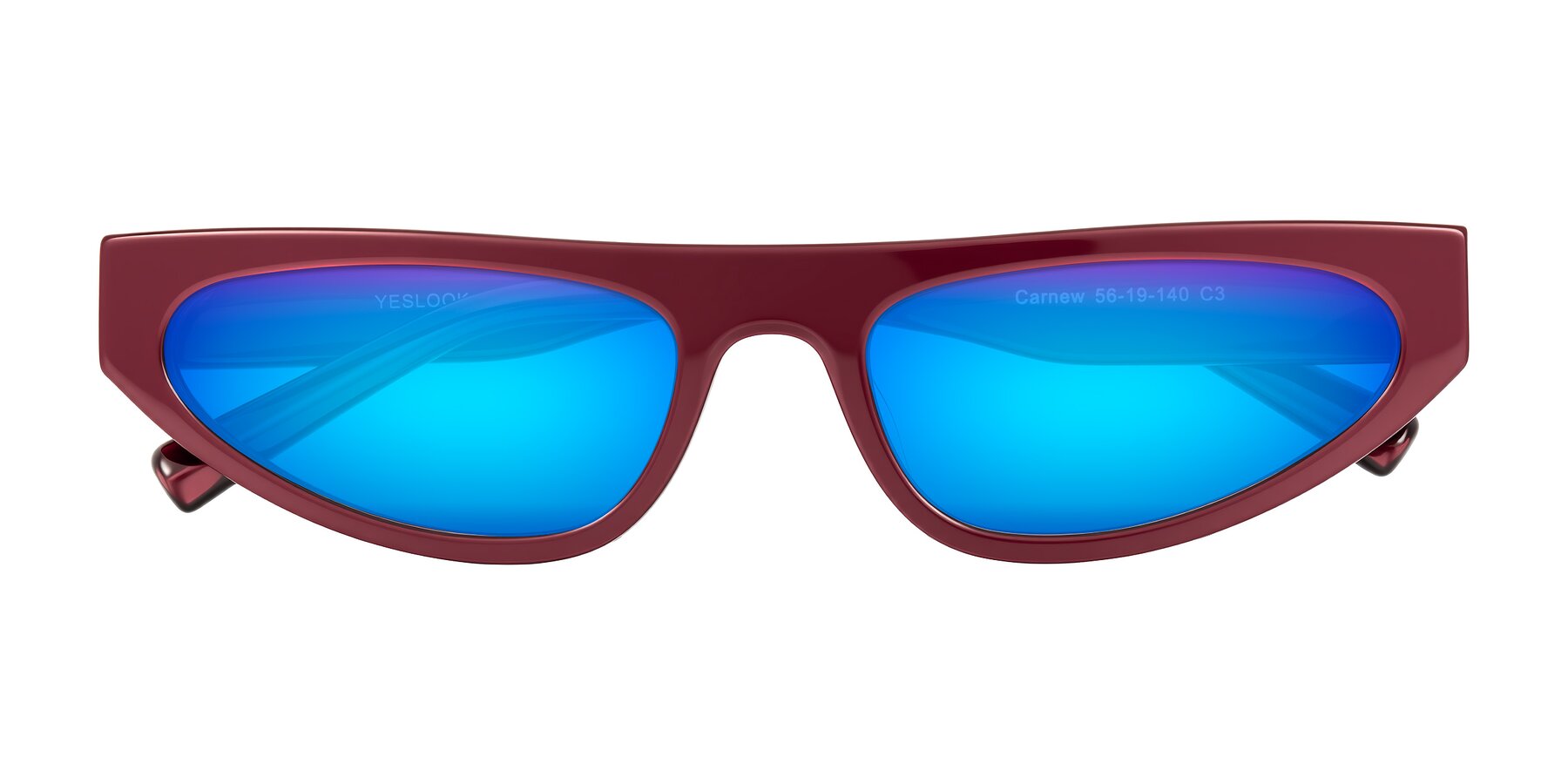 Folded Front of Carnew in Pearlescent Burgundy with Blue Mirrored Lenses