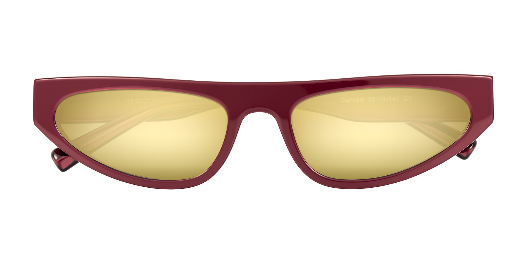 Folded Front of Carnew in Pearlescent Burgundy with Gold Mirrored Lenses