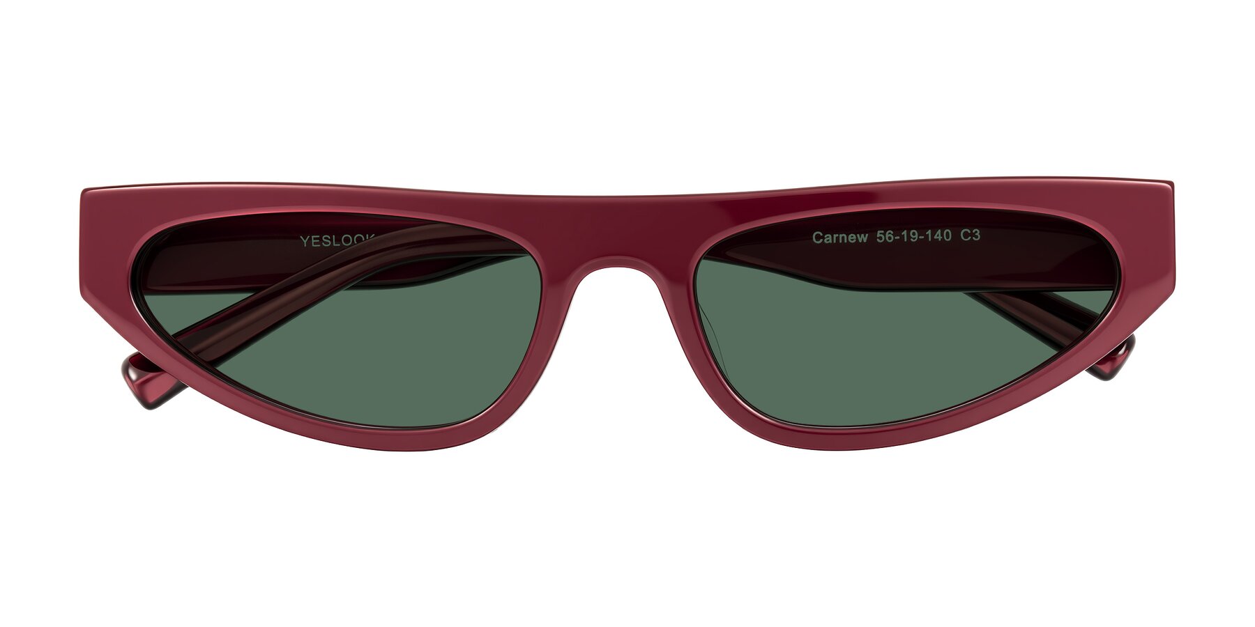 Folded Front of Carnew in Pearlescent Burgundy with Green Polarized Lenses