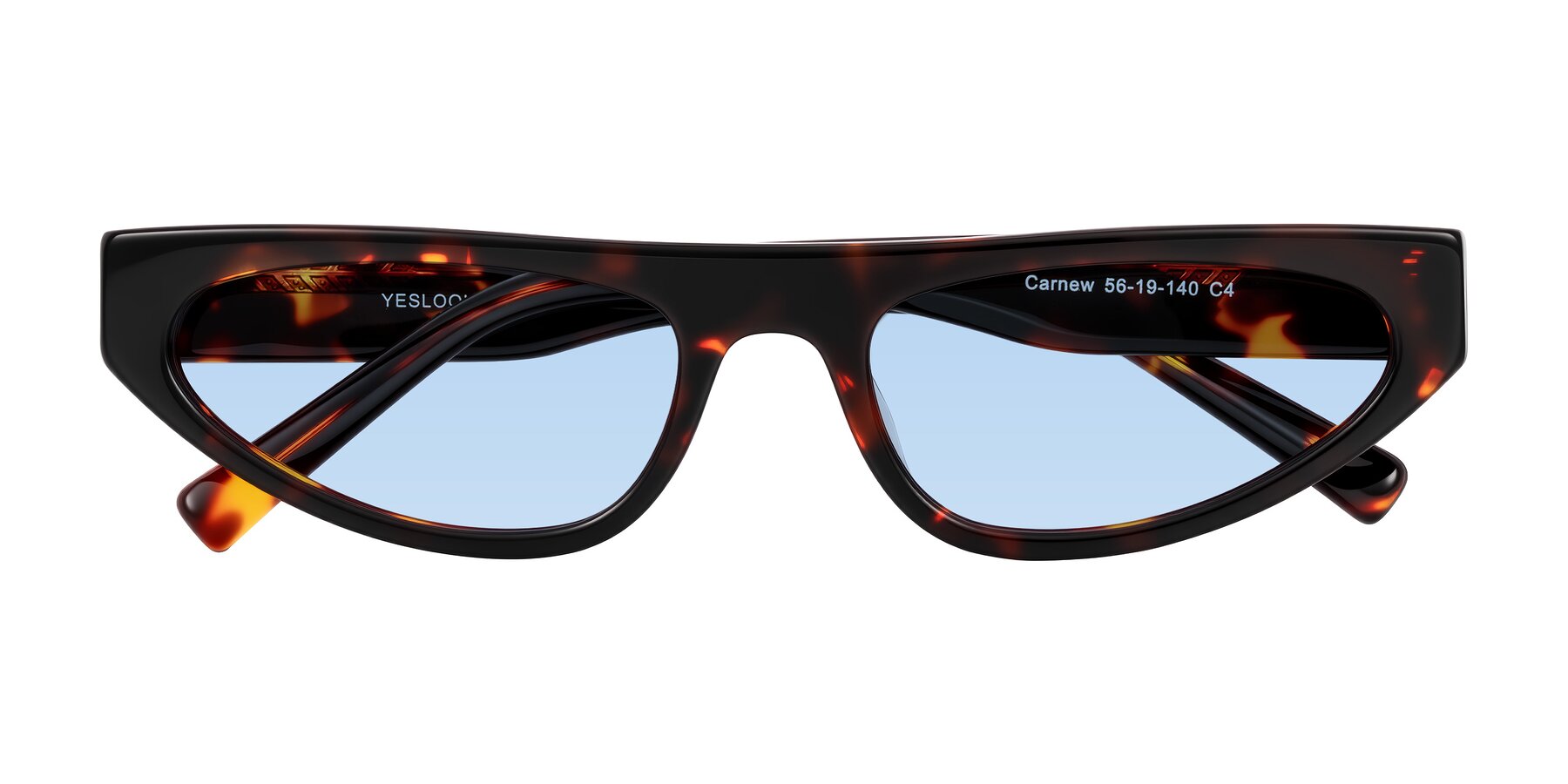 Folded Front of Carnew in Tortoise with Light Blue Tinted Lenses