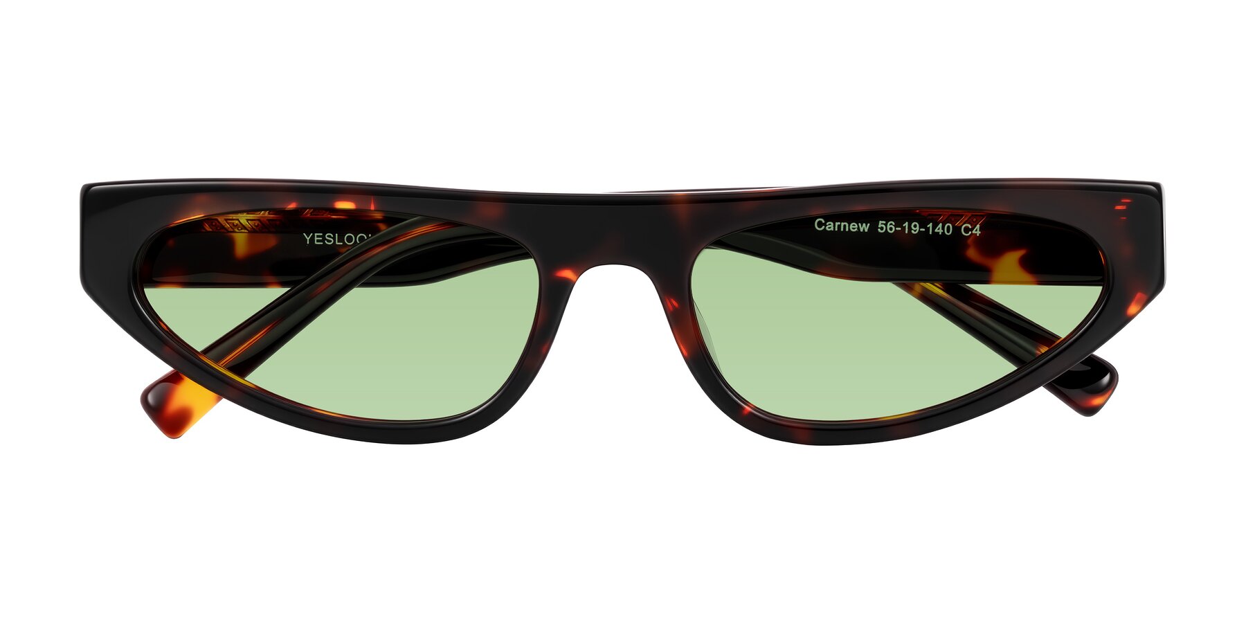 Folded Front of Carnew in Tortoise with Medium Green Tinted Lenses