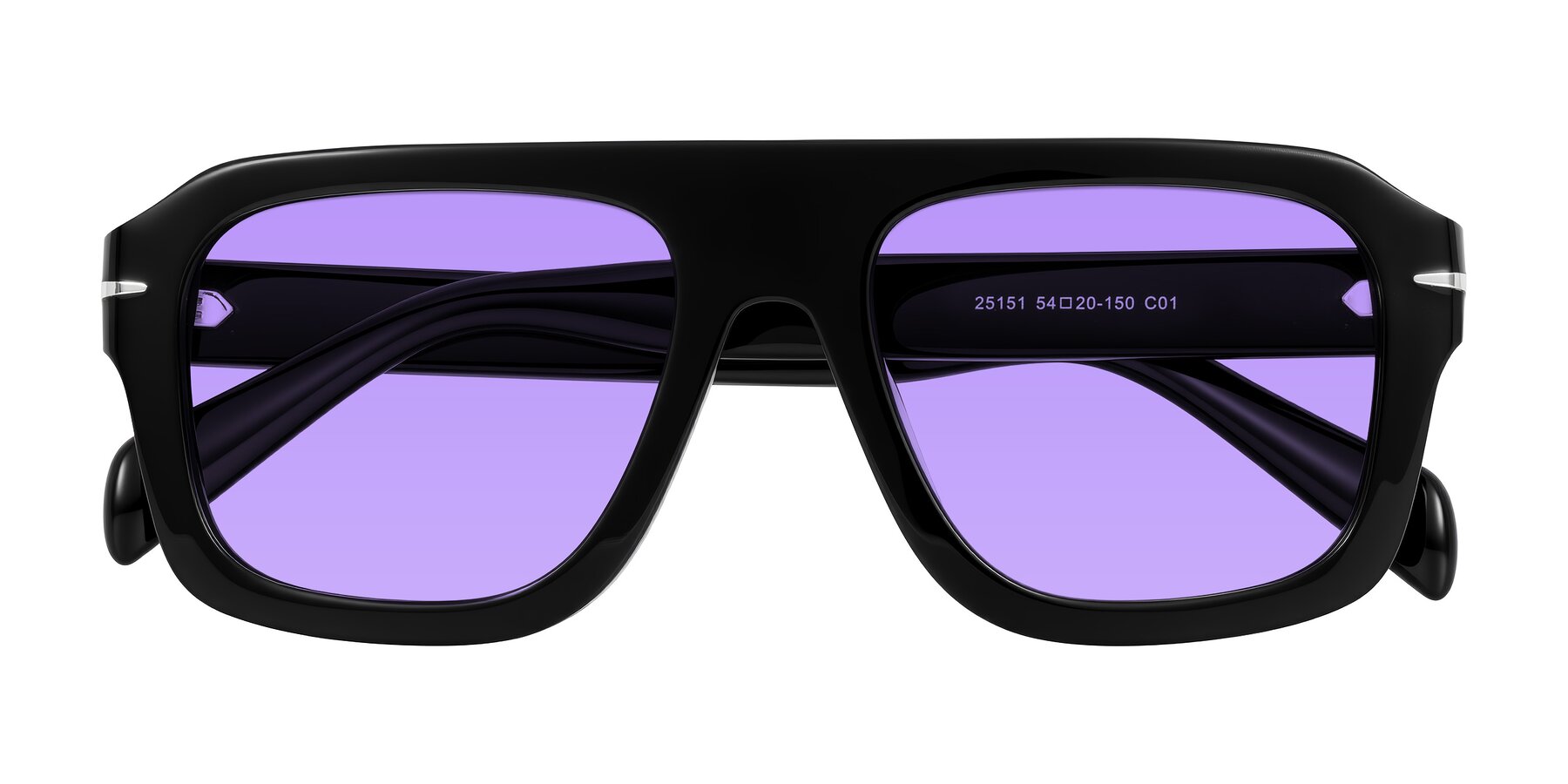 Folded Front of Petenwell in Black with Medium Purple Tinted Lenses