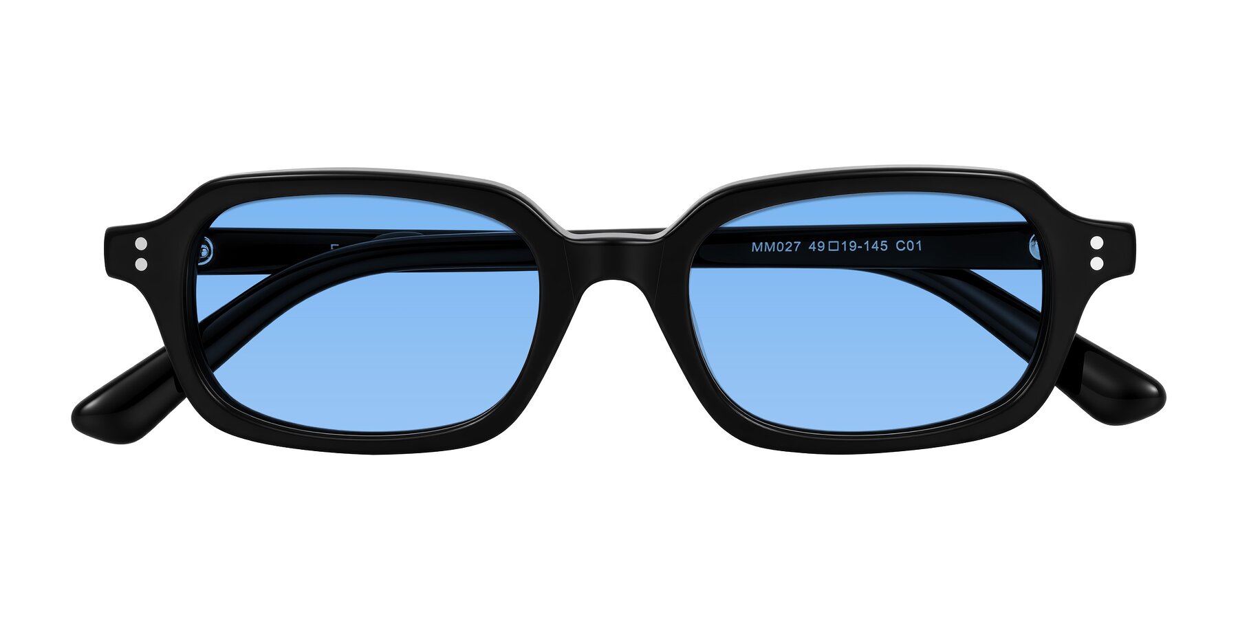 Folded Front of Eustis in Black with Medium Blue Tinted Lenses