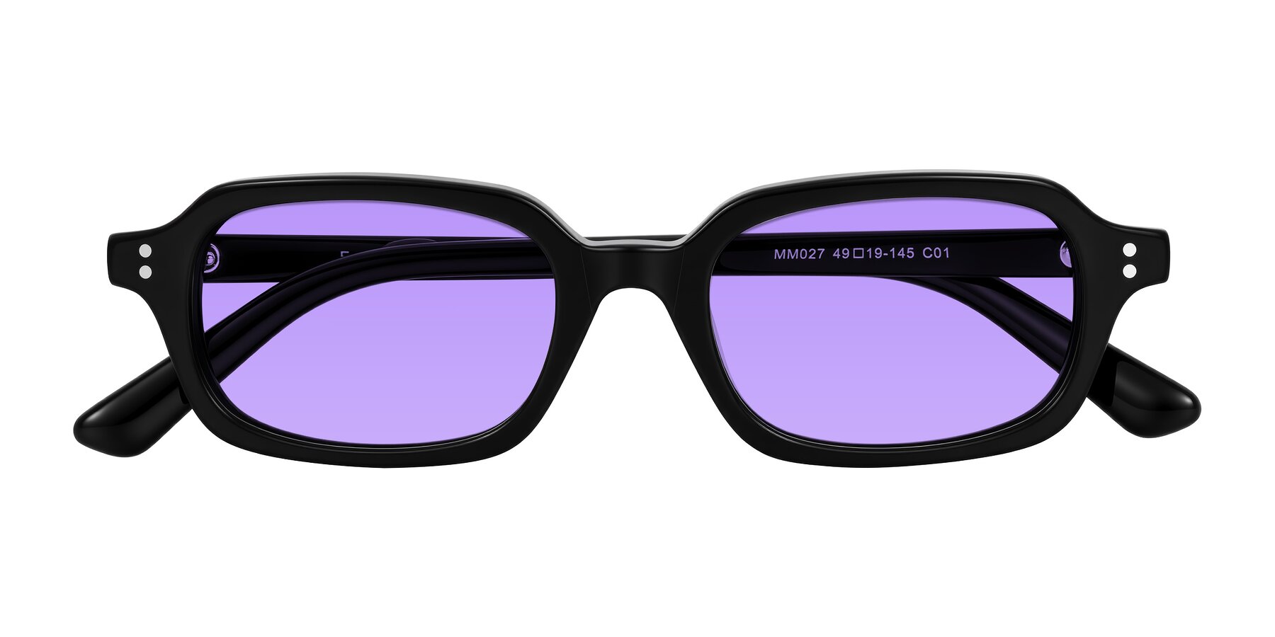 Folded Front of Eustis in Black with Medium Purple Tinted Lenses