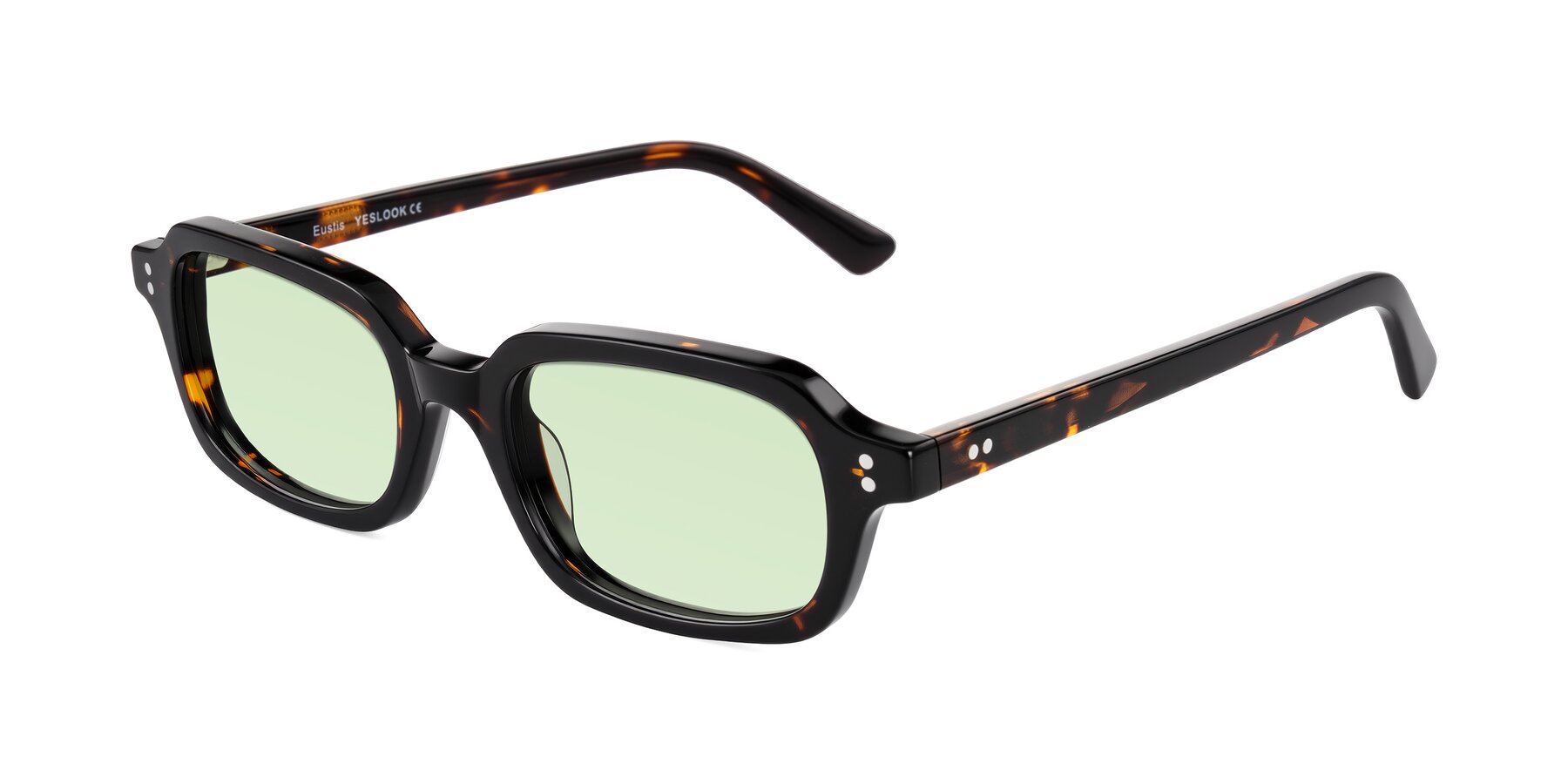 Angle of Eustis in Tortoise with Light Green Tinted Lenses