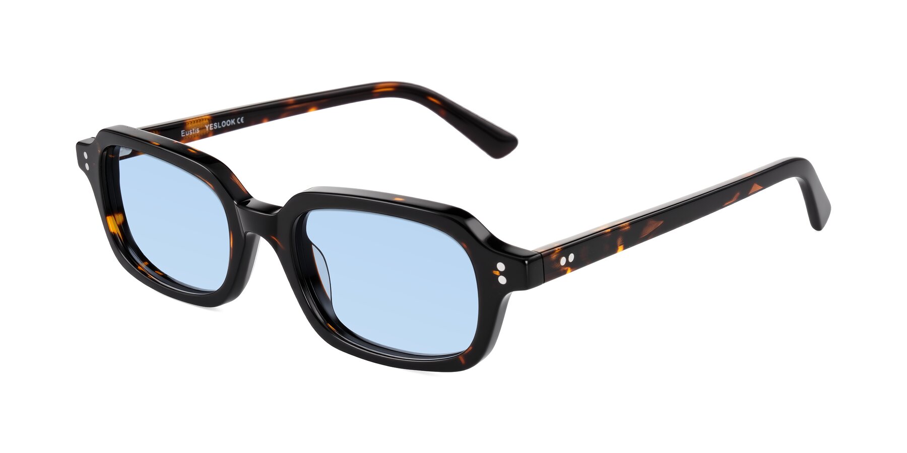 Angle of Eustis in Tortoise with Light Blue Tinted Lenses