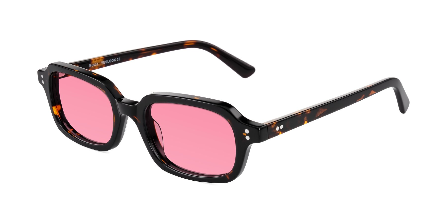 Angle of Eustis in Tortoise with Pink Tinted Lenses