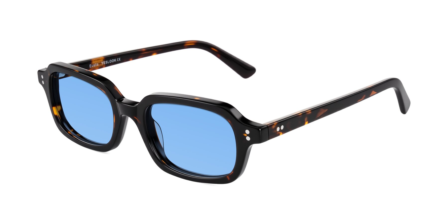 Angle of Eustis in Tortoise with Medium Blue Tinted Lenses