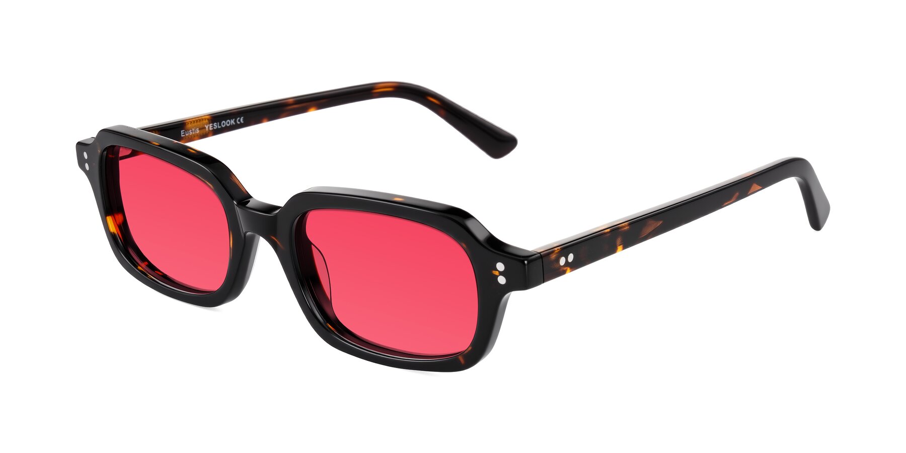 Angle of Eustis in Tortoise with Red Tinted Lenses