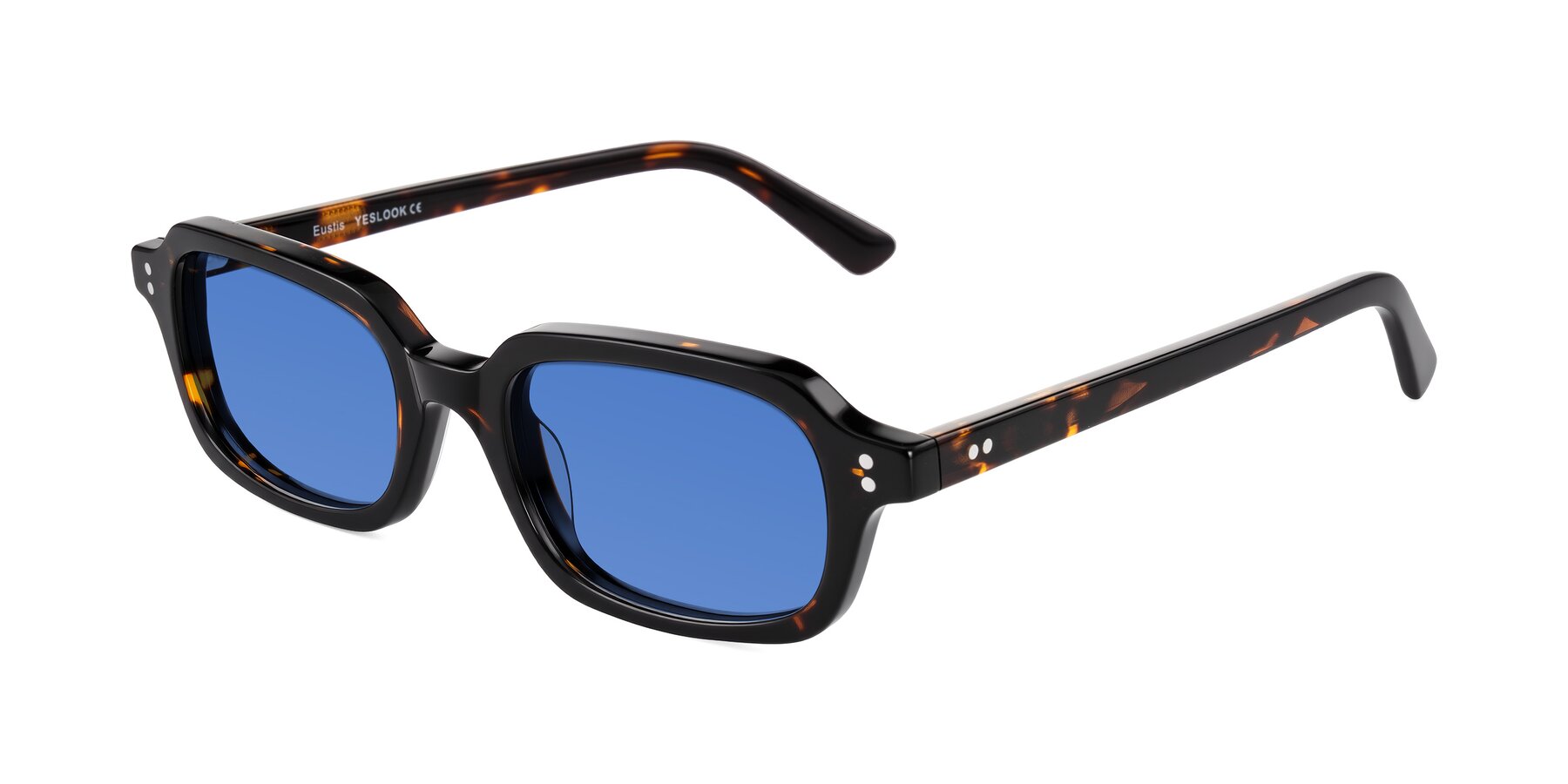 Angle of Eustis in Tortoise with Blue Tinted Lenses
