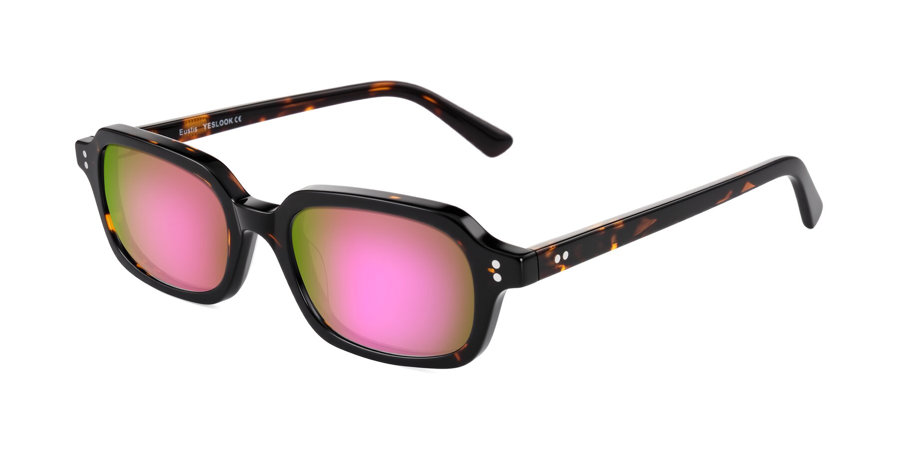Angle of Eustis in Tortoise with Pink Mirrored Lenses