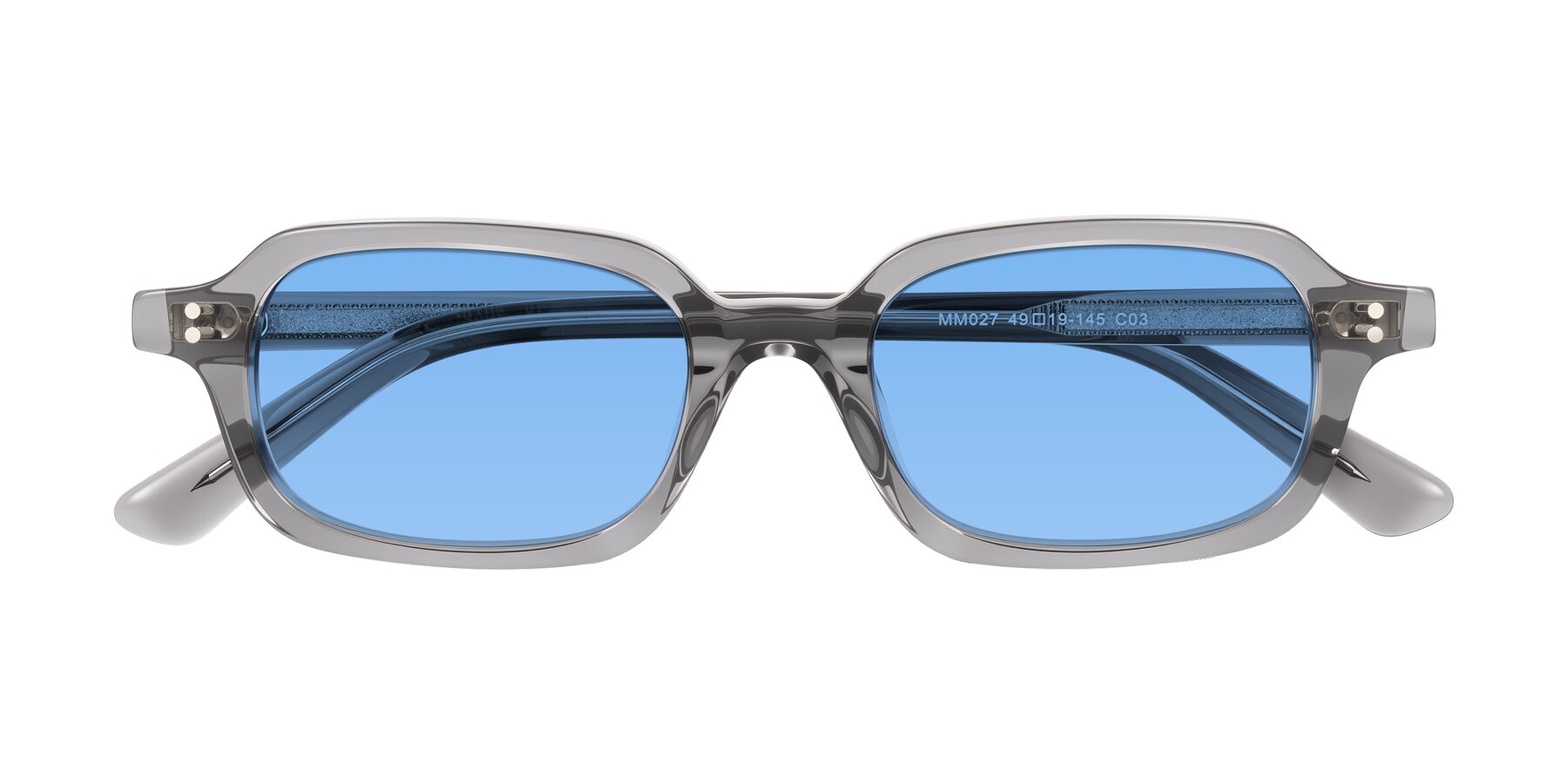 Folded Front of Eustis in Transparent Gray with Medium Blue Tinted Lenses
