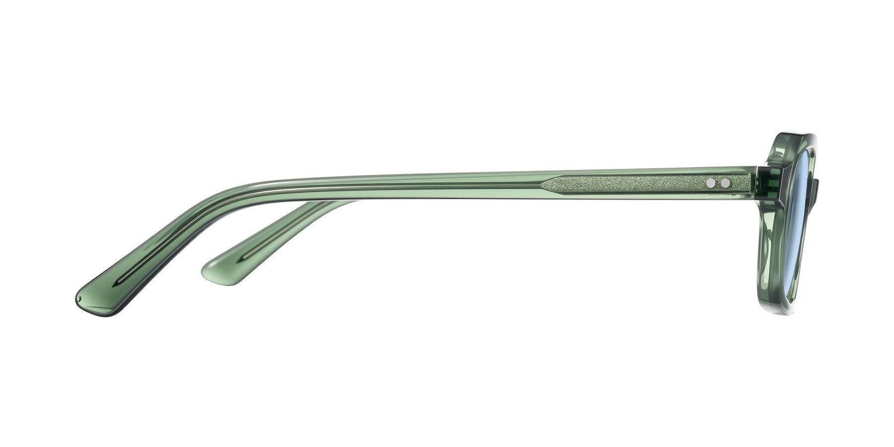 Side of Eustis in Transparent Green with Light Blue Tinted Lenses