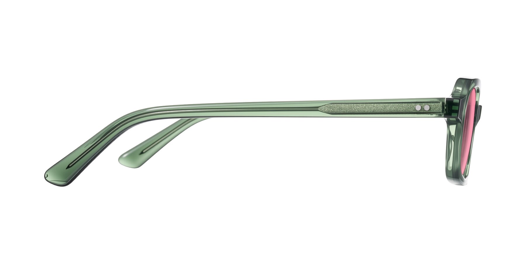 Side of Eustis in Transparent Green with Pink Tinted Lenses