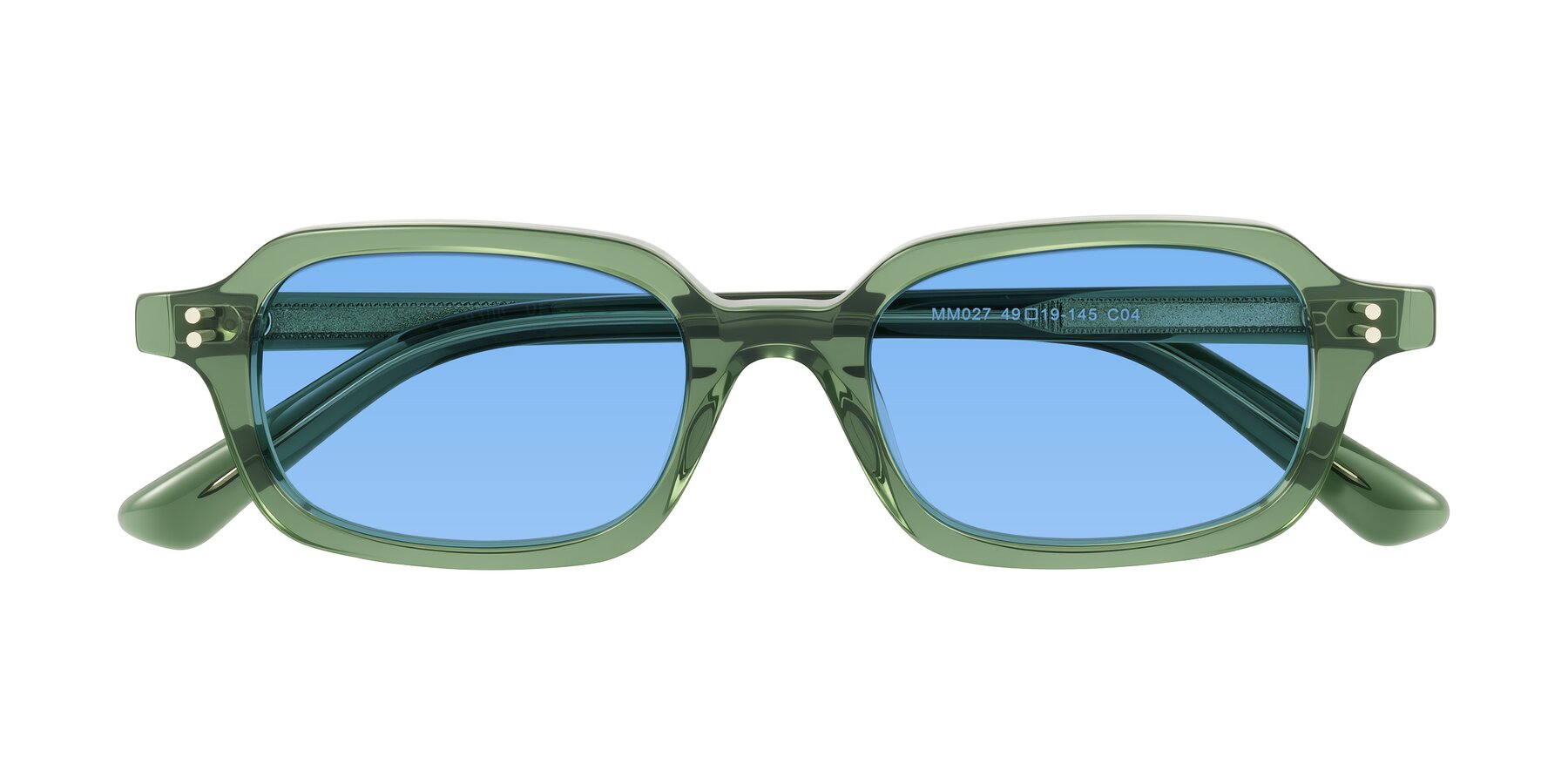 Folded Front of Eustis in Transparent Green with Medium Blue Tinted Lenses