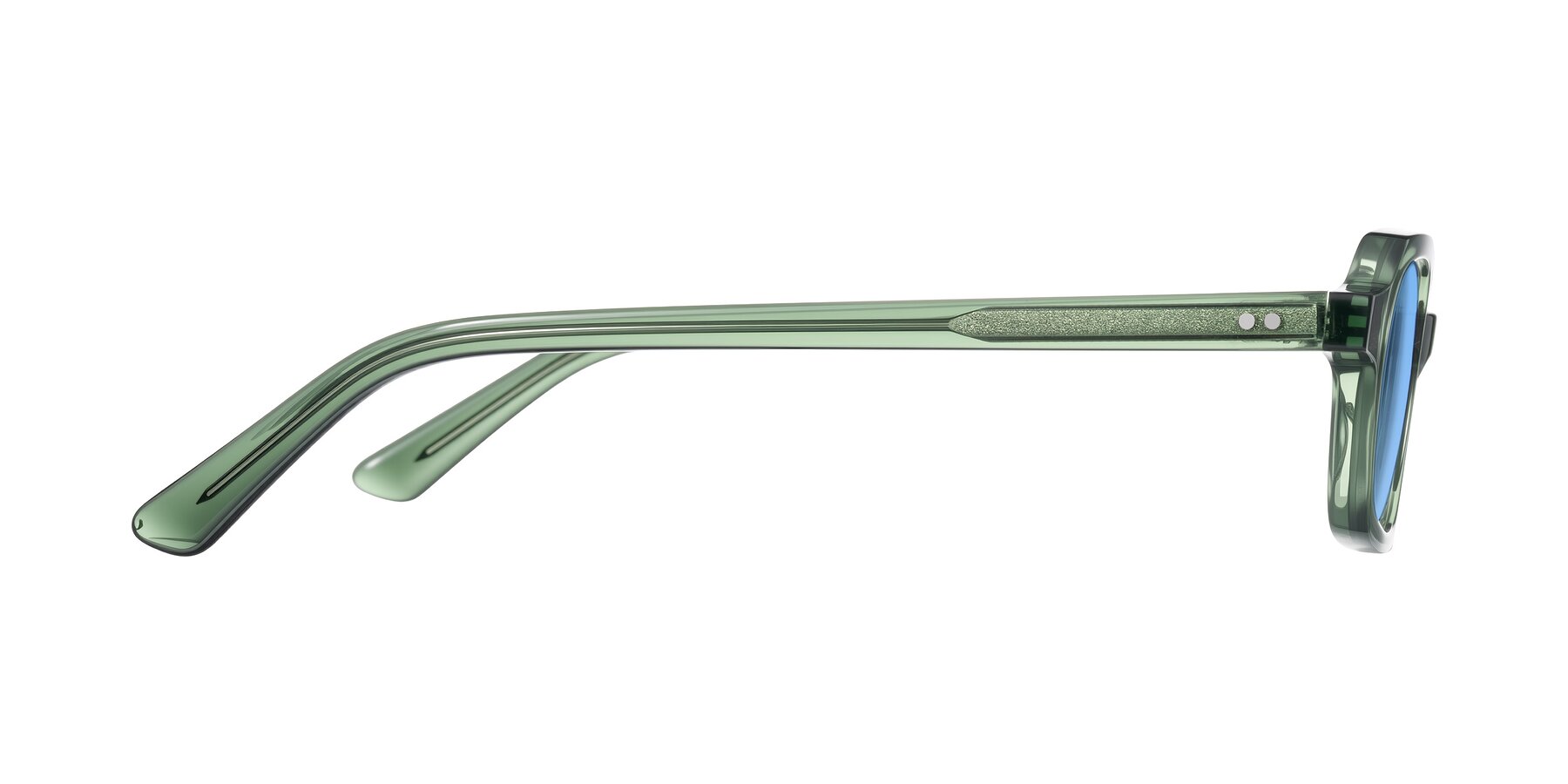 Side of Eustis in Transparent Green with Medium Blue Tinted Lenses