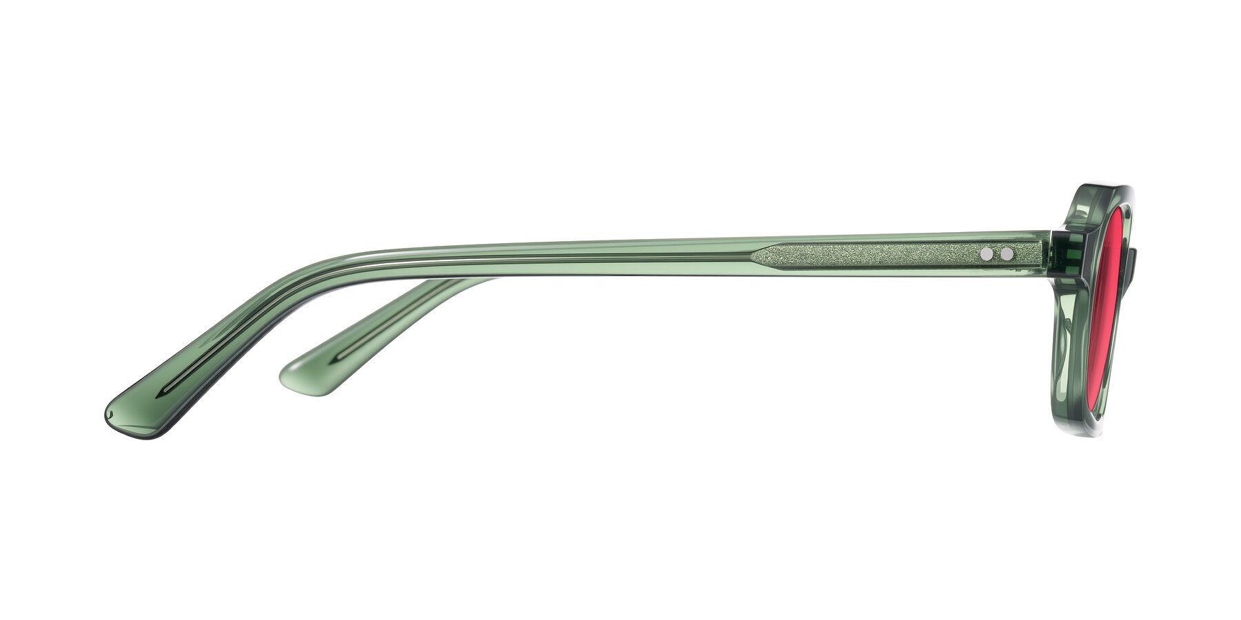 Side of Eustis in Transparent Green with Red Tinted Lenses