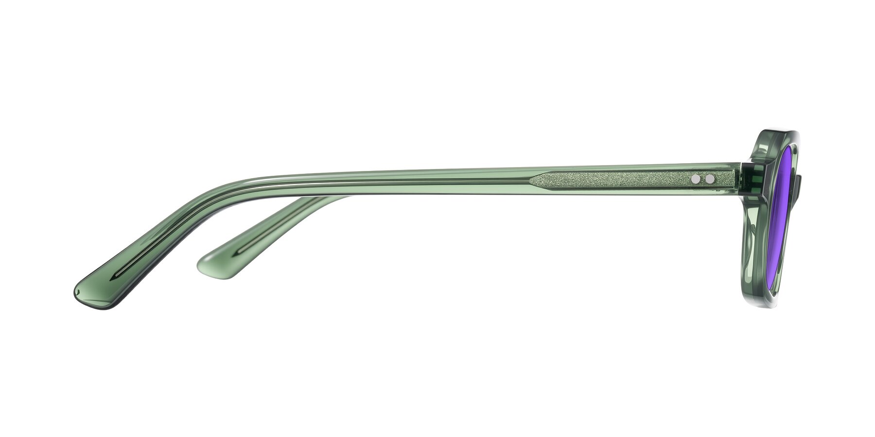 Side of Eustis in Transparent Green with Purple Tinted Lenses