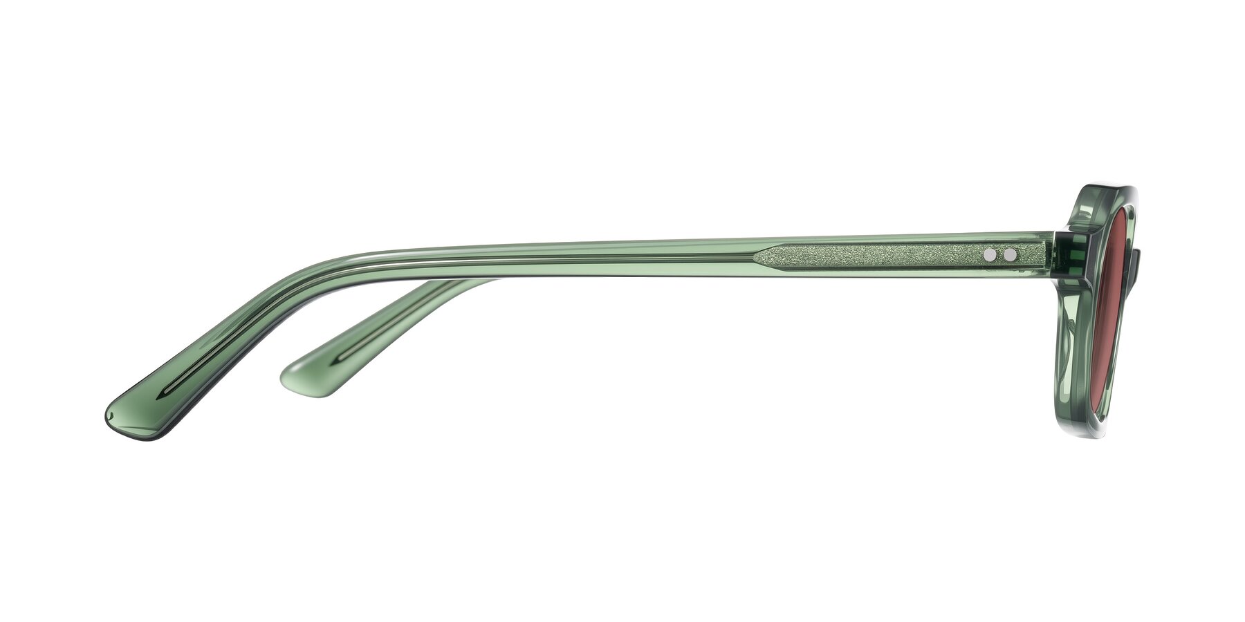 Side of Eustis in Transparent Green with Garnet Tinted Lenses
