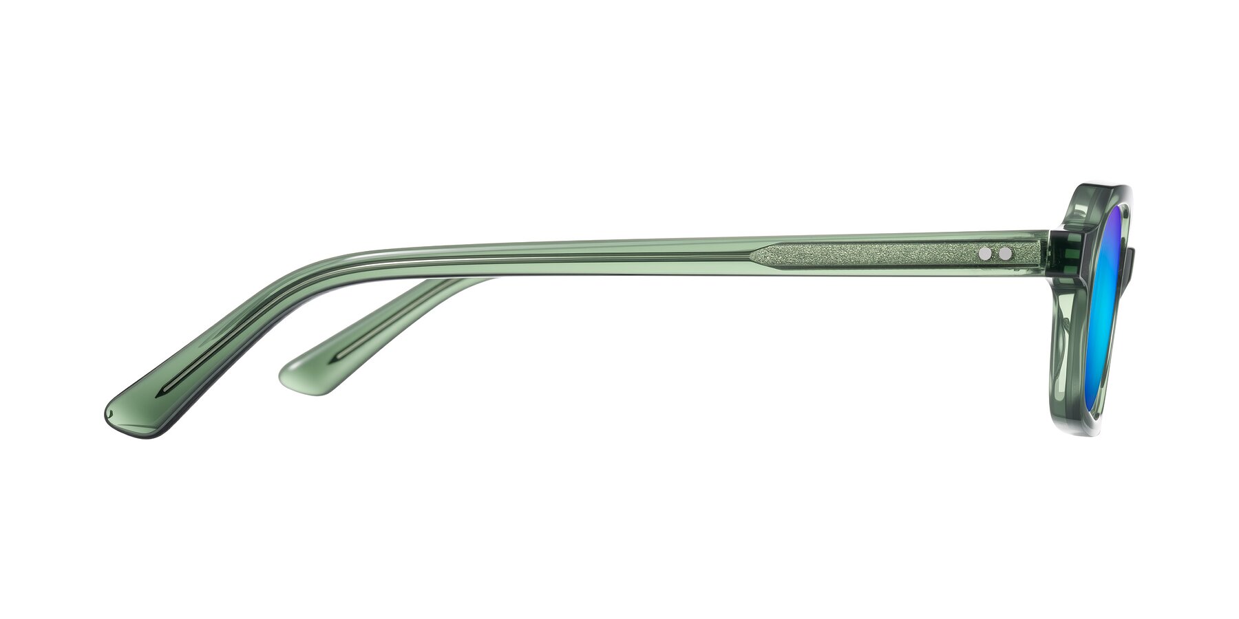 Side of Eustis in Transparent Green with Blue Mirrored Lenses