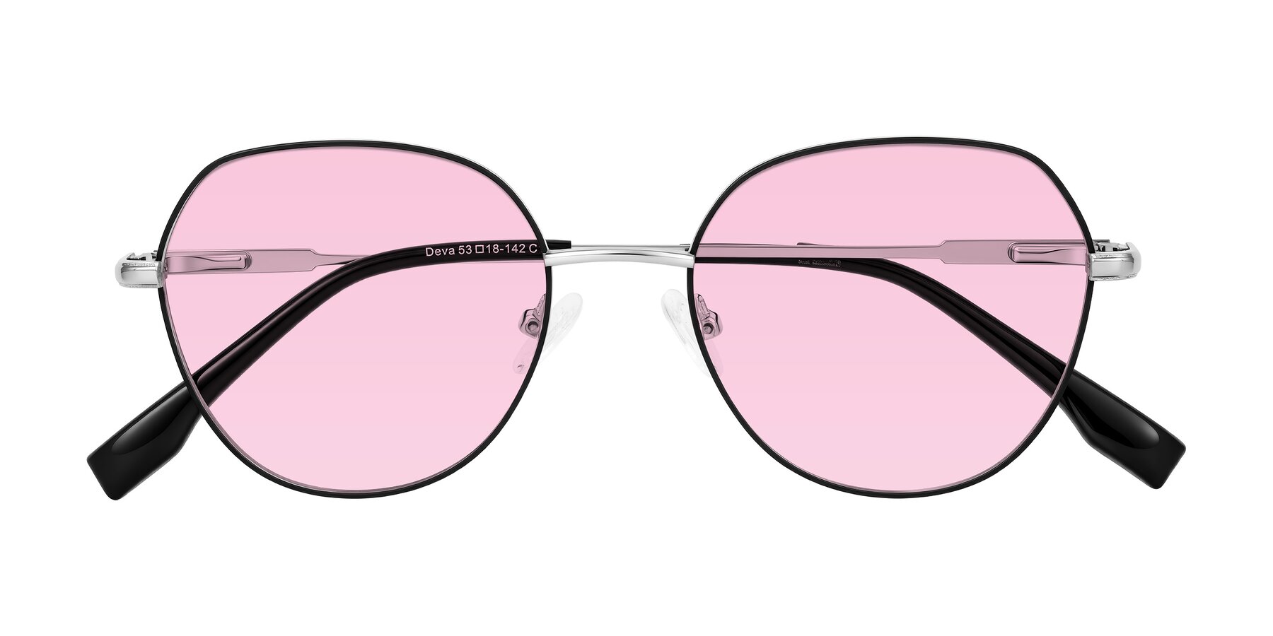 Folded Front of Deva in Black/Silver with Light Pink Tinted Lenses
