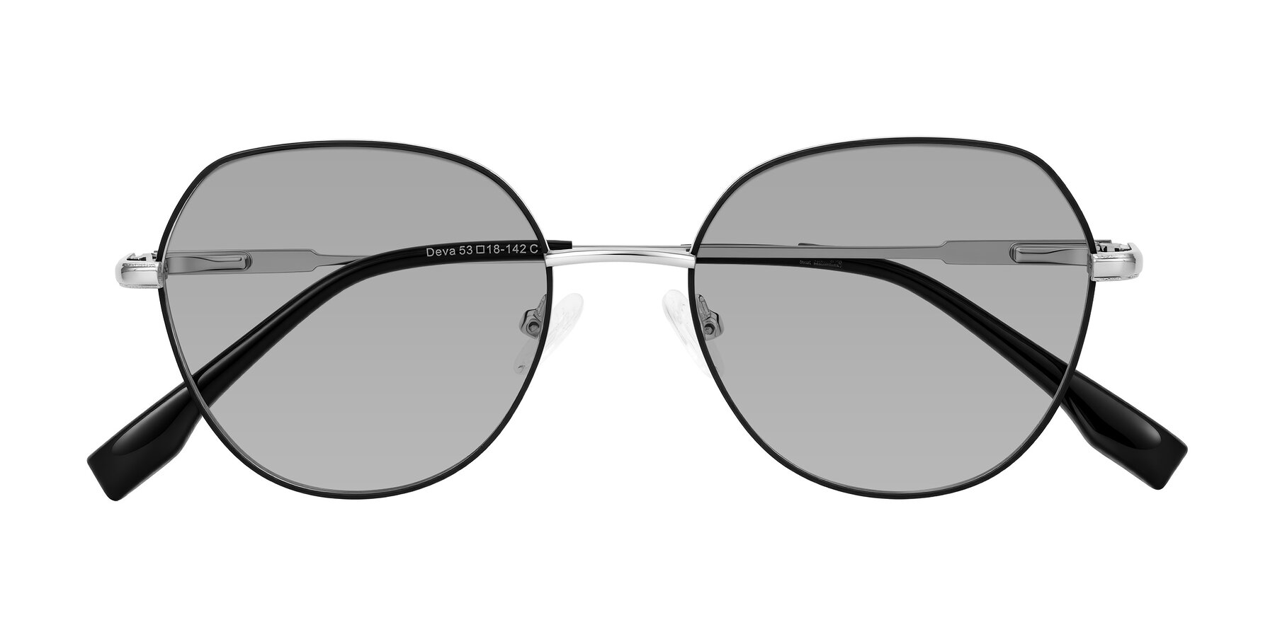 Folded Front of Deva in Black/Silver with Light Gray Tinted Lenses
