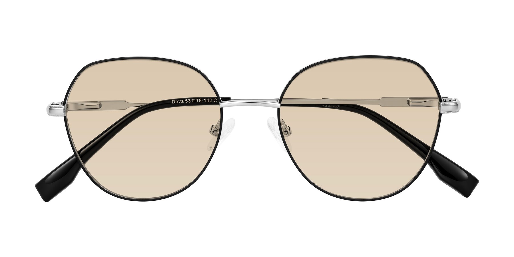 Folded Front of Deva in Black/Silver with Light Brown Tinted Lenses