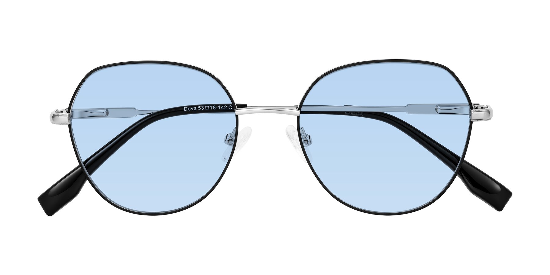 Folded Front of Deva in Black/Silver with Light Blue Tinted Lenses