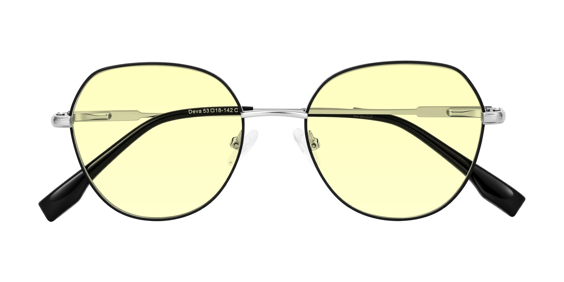 Folded Front of Deva in Black/Silver with Light Yellow Tinted Lenses