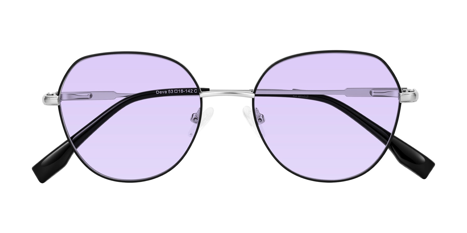 Folded Front of Deva in Black/Silver with Light Purple Tinted Lenses