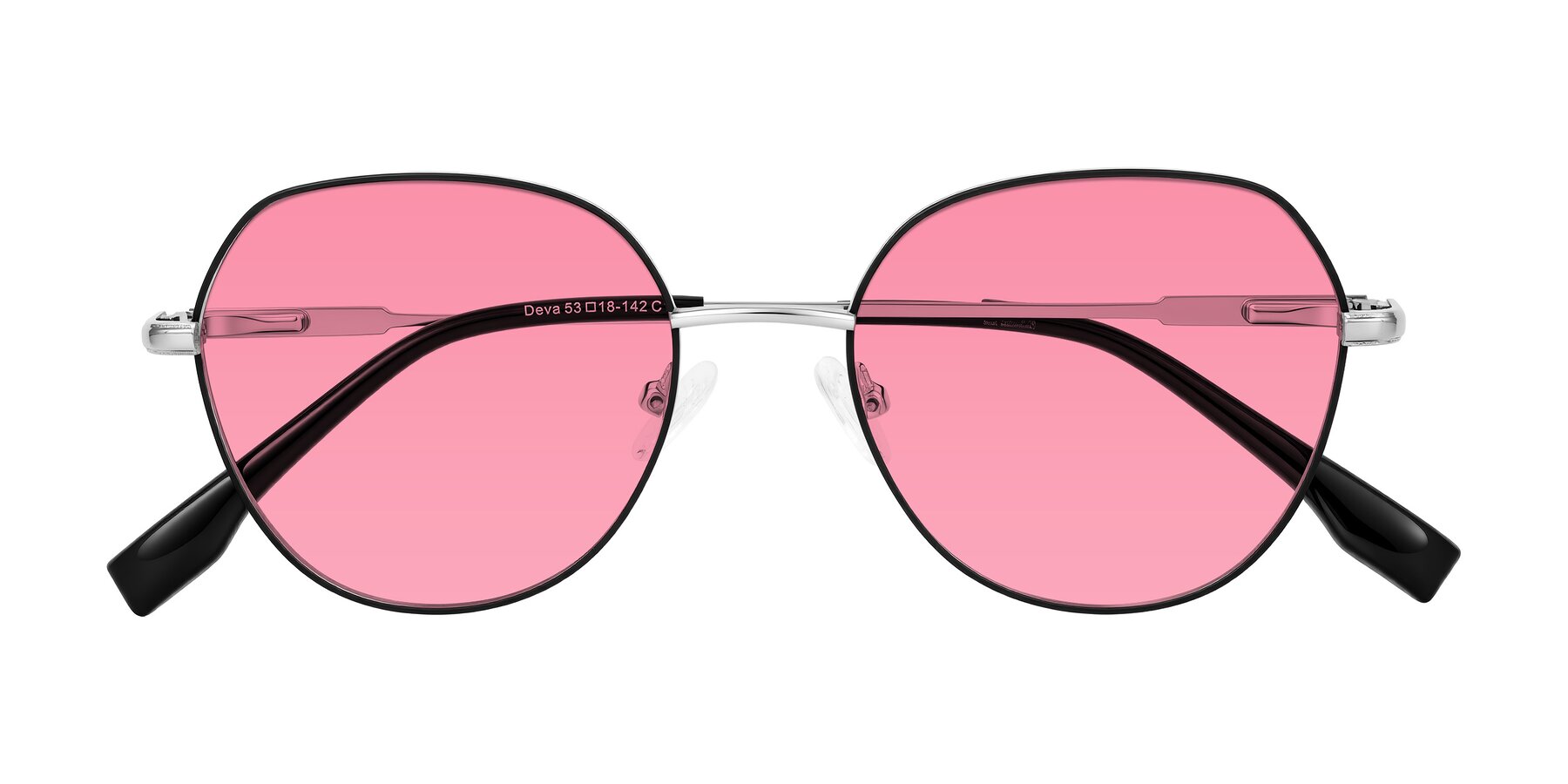 Folded Front of Deva in Black/Silver with Pink Tinted Lenses