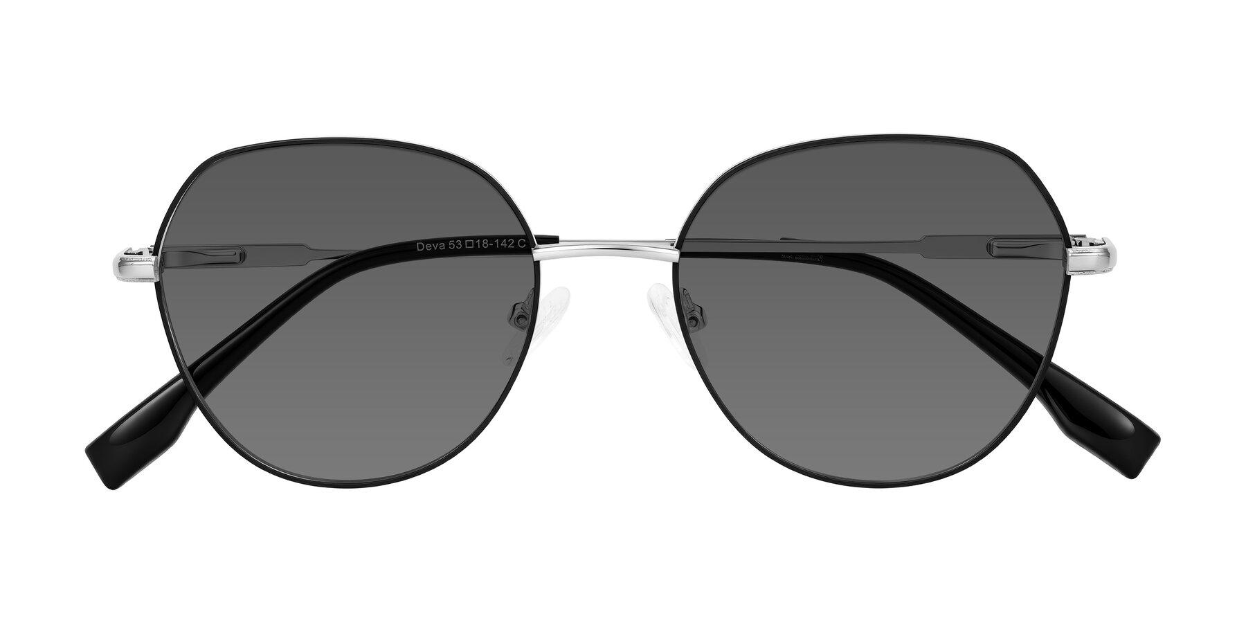 Folded Front of Deva in Black/Silver with Medium Gray Tinted Lenses