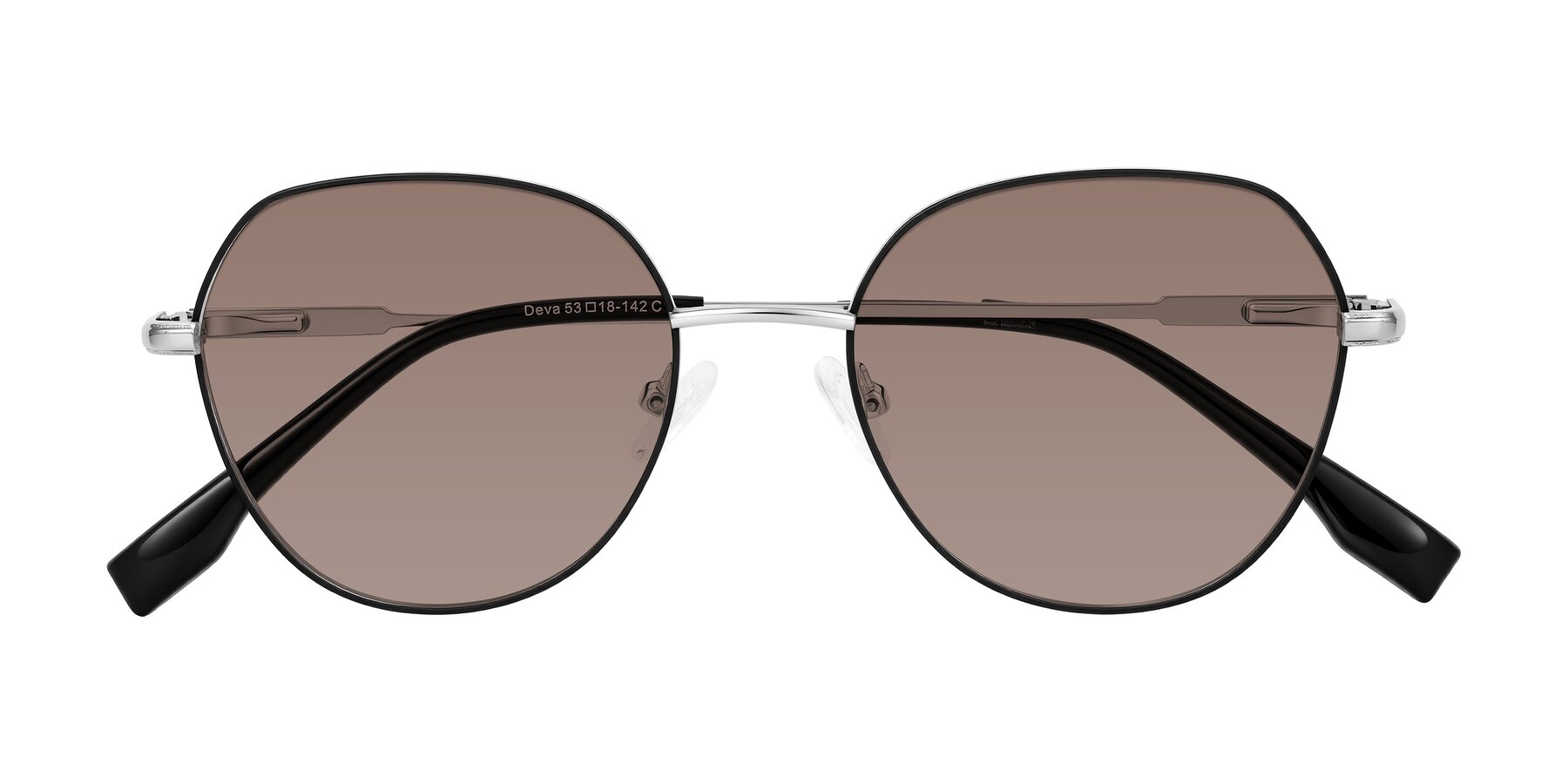 Folded Front of Deva in Black/Silver with Medium Brown Tinted Lenses